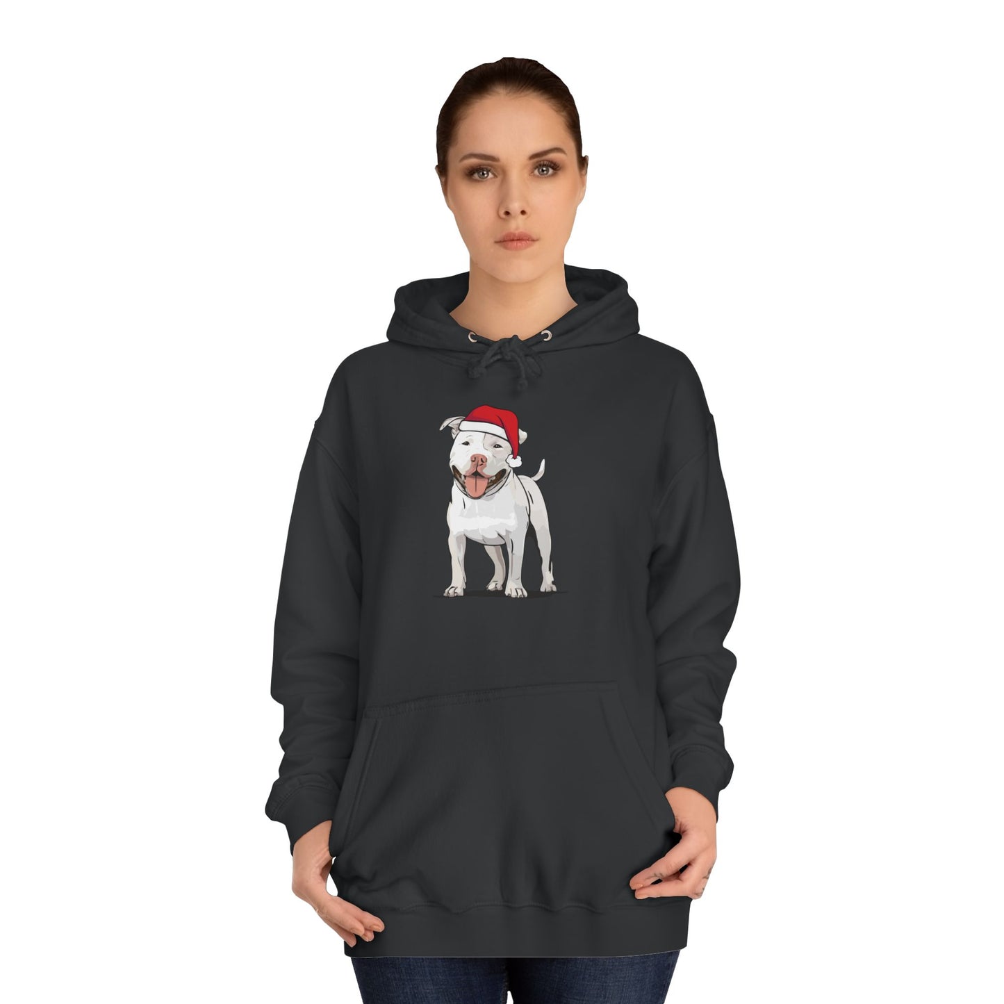 Pit Bull Terrier Dog Holiday Hoodie, Christmas Pullover Hooded Sweatshirt, Xmas Santa White Pitbull Dogs Apparel Hoodies Sweatshirts