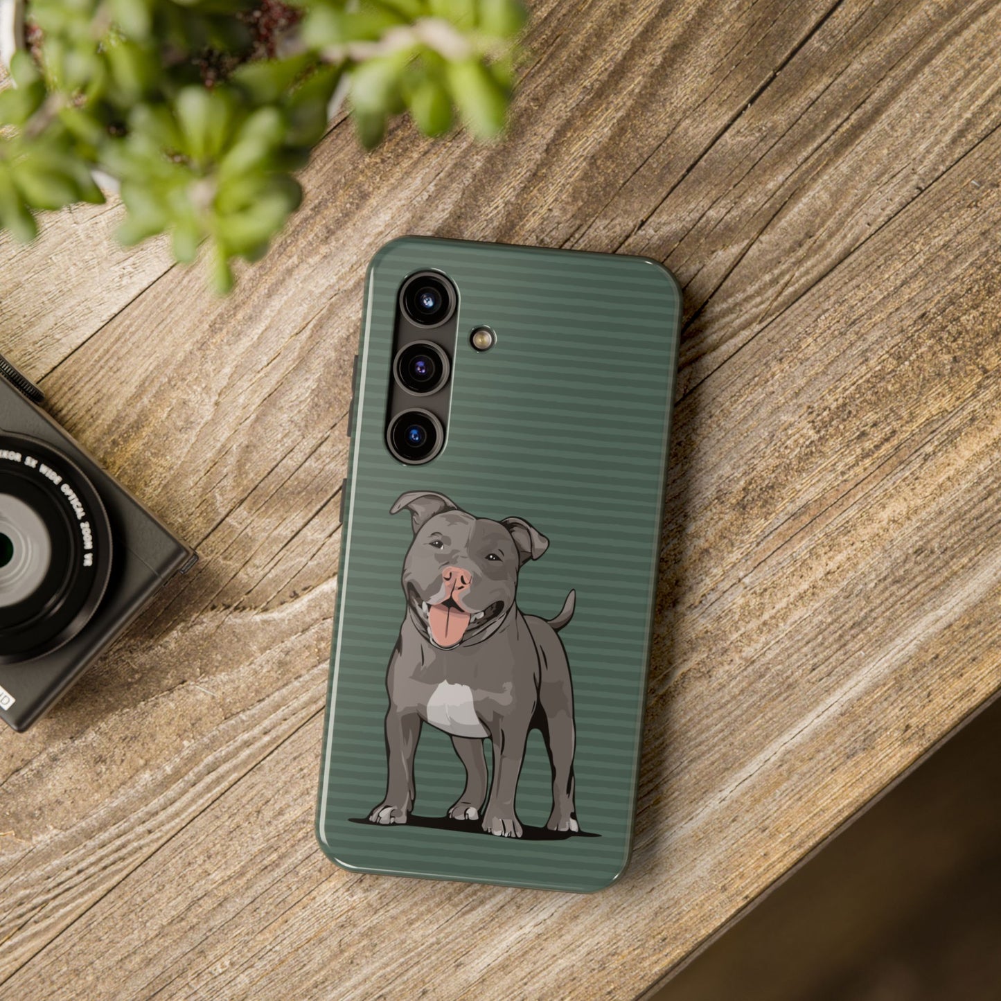 Gray Pit Bull Terrier Dog Phone Case, Tough Phone Cases Pet Pitbull Dogs Green Stripe Pattern