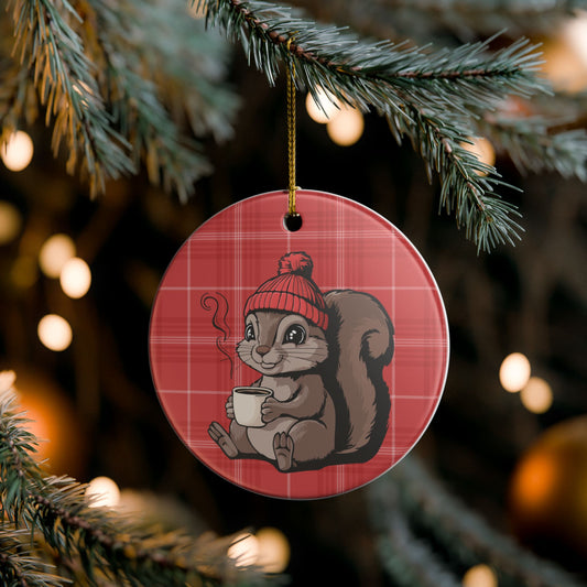 Cozy Squirrel Christmas Tree Ornament, Xmas Squirrels Holiday Decorations, Red Plaid Ceramic Ornaments, Woodland Animals Theme Decor