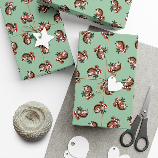 Squirrel Christmas Wrapping Paper, Festive Snowy Santa Squirrels Holiday Print, Sage Green Gift Wrap Xmas