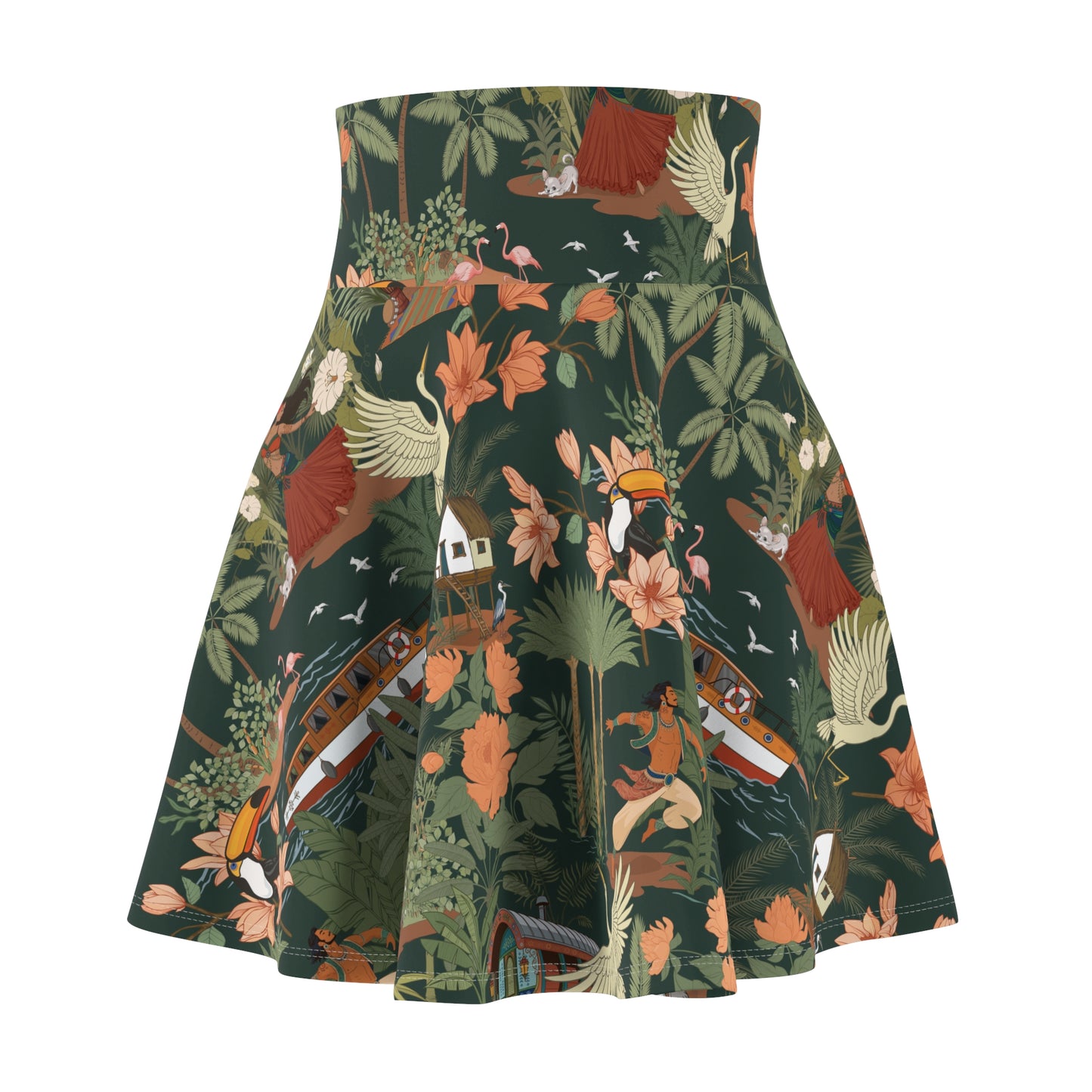 Tropical Nomad Bird & Floral Print Skater Skirt | Womens Jungle Botanical Pattern Summer Vacation Outfit Flared Skirts