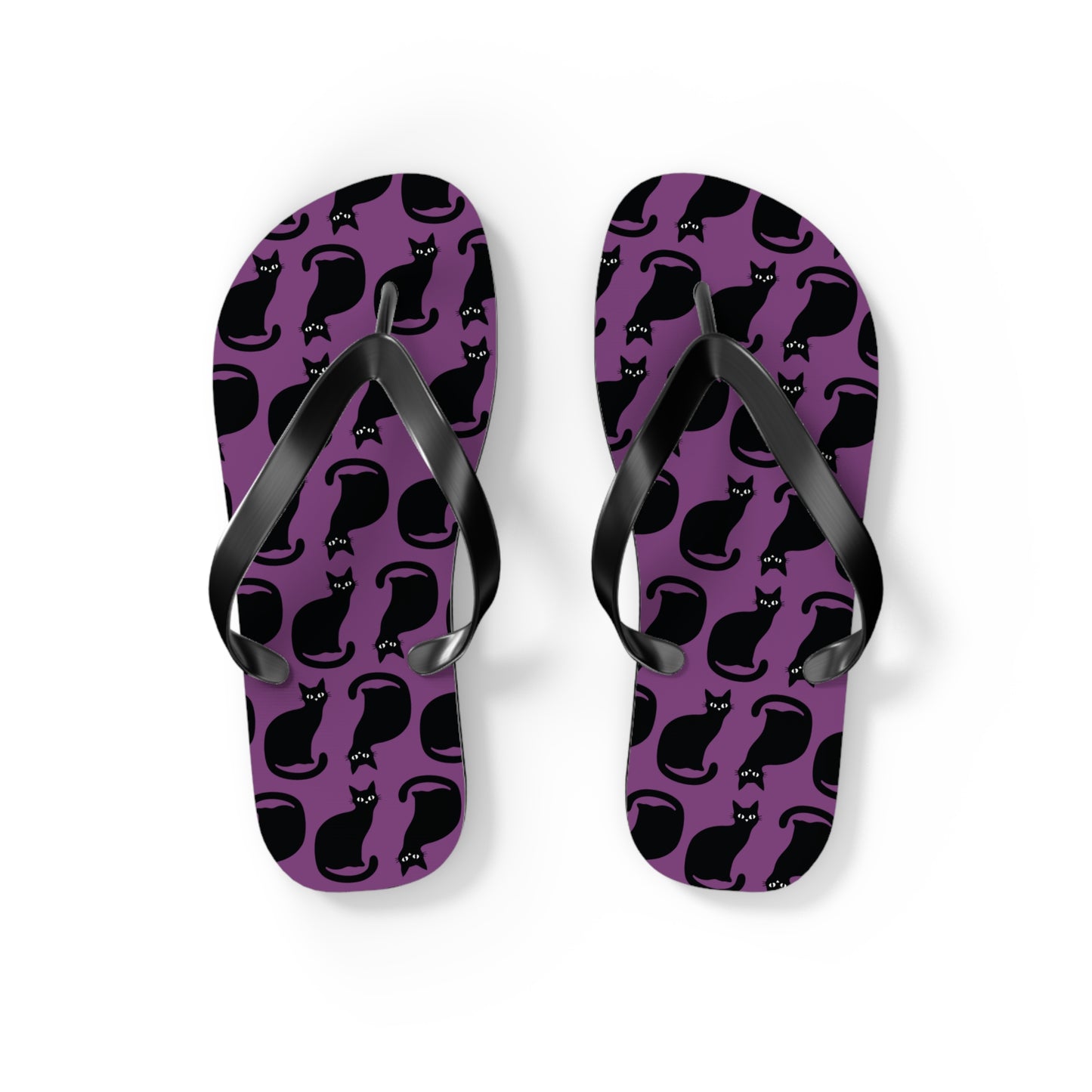 Black Cat Pattern Flip Flops | PurpleGoth Cat Silhouette Beach Sandals, Halloween Spooky Gothic Summer Footwear