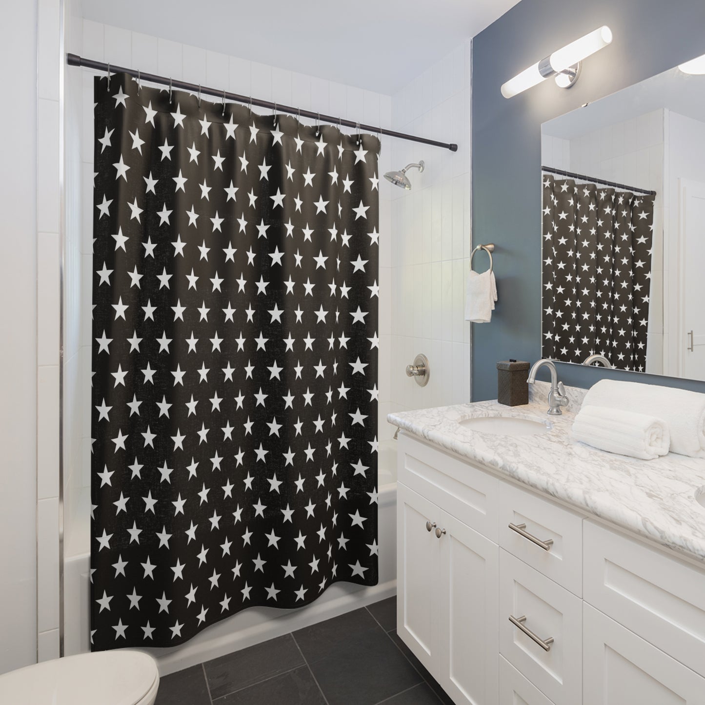 Black & White Stars Print Shower Curtain Bathroom Decor with Star Design