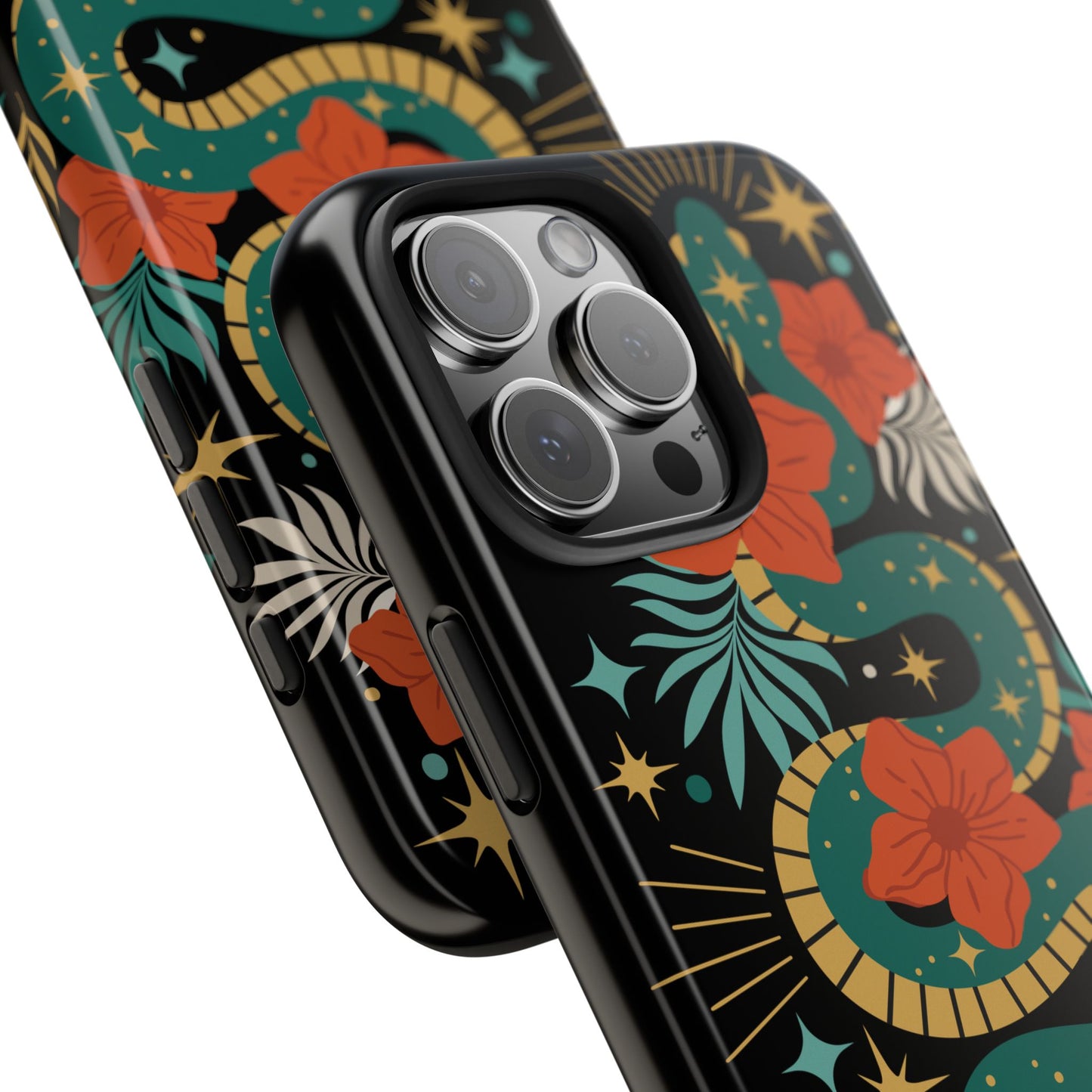 Mystic Snake Cell Phone Case, Black Tough Phone Cases Boho Serpent Snakes Floral Design