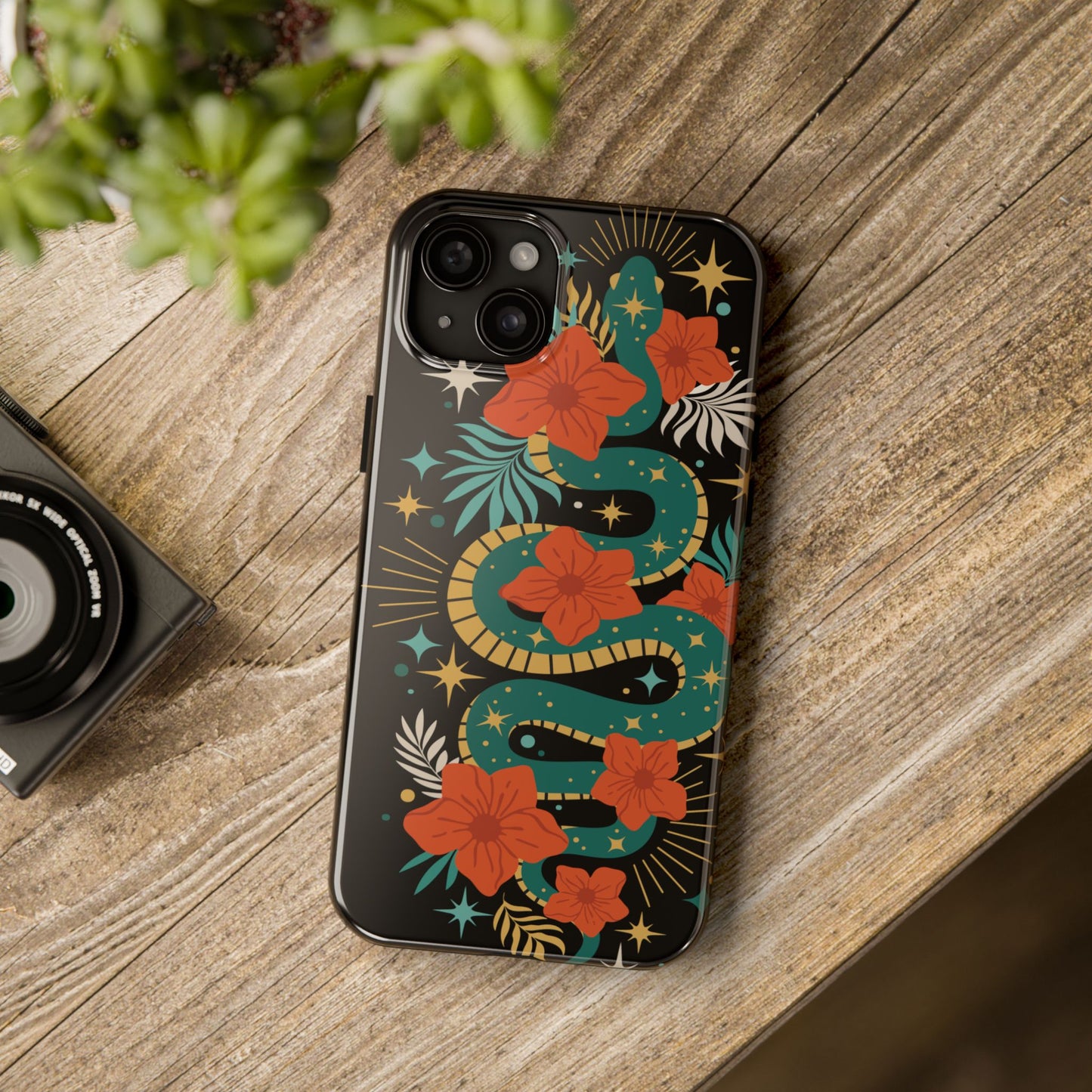 Mystic Snake Cell Phone Case, Black Tough Phone Cases Boho Serpent Snakes Floral Design