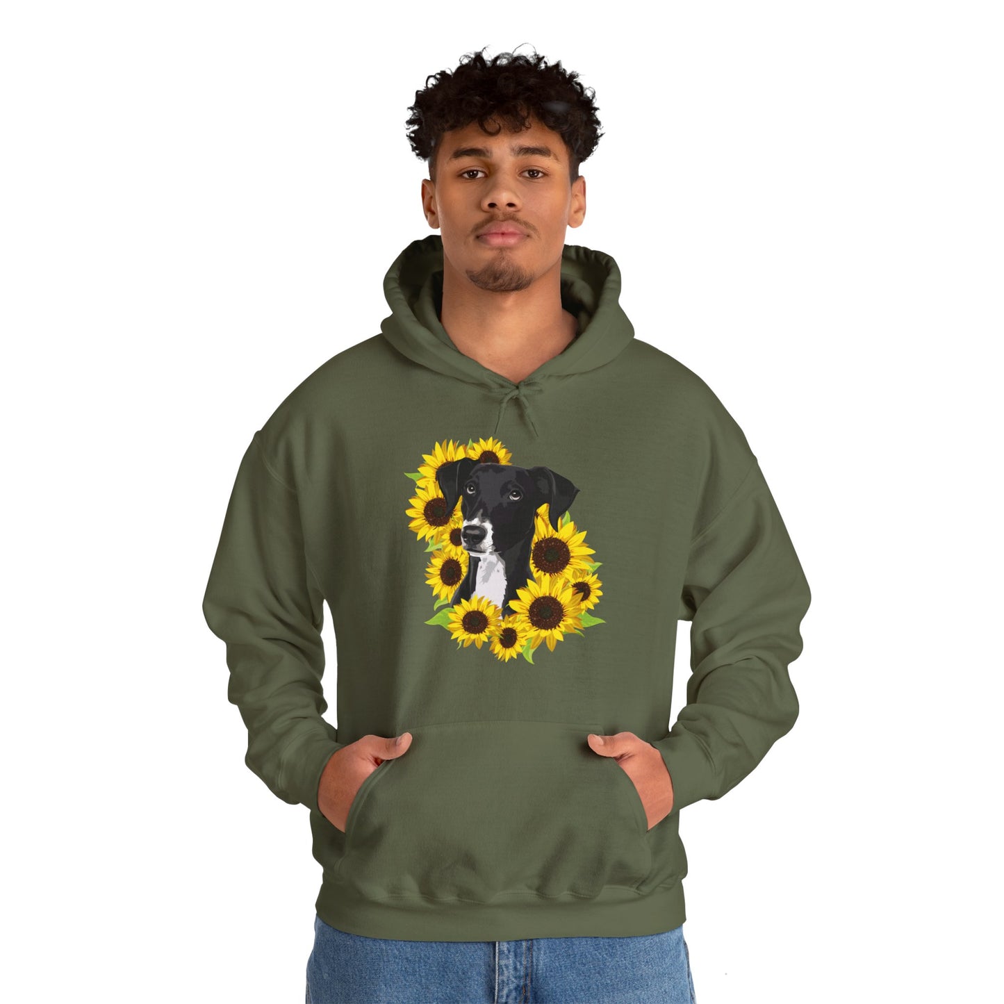 Marley Dog in Sunflowers Pullover Hoodie Hooded Sweatshirt with Black Lab Dog with Sunflower Art Print