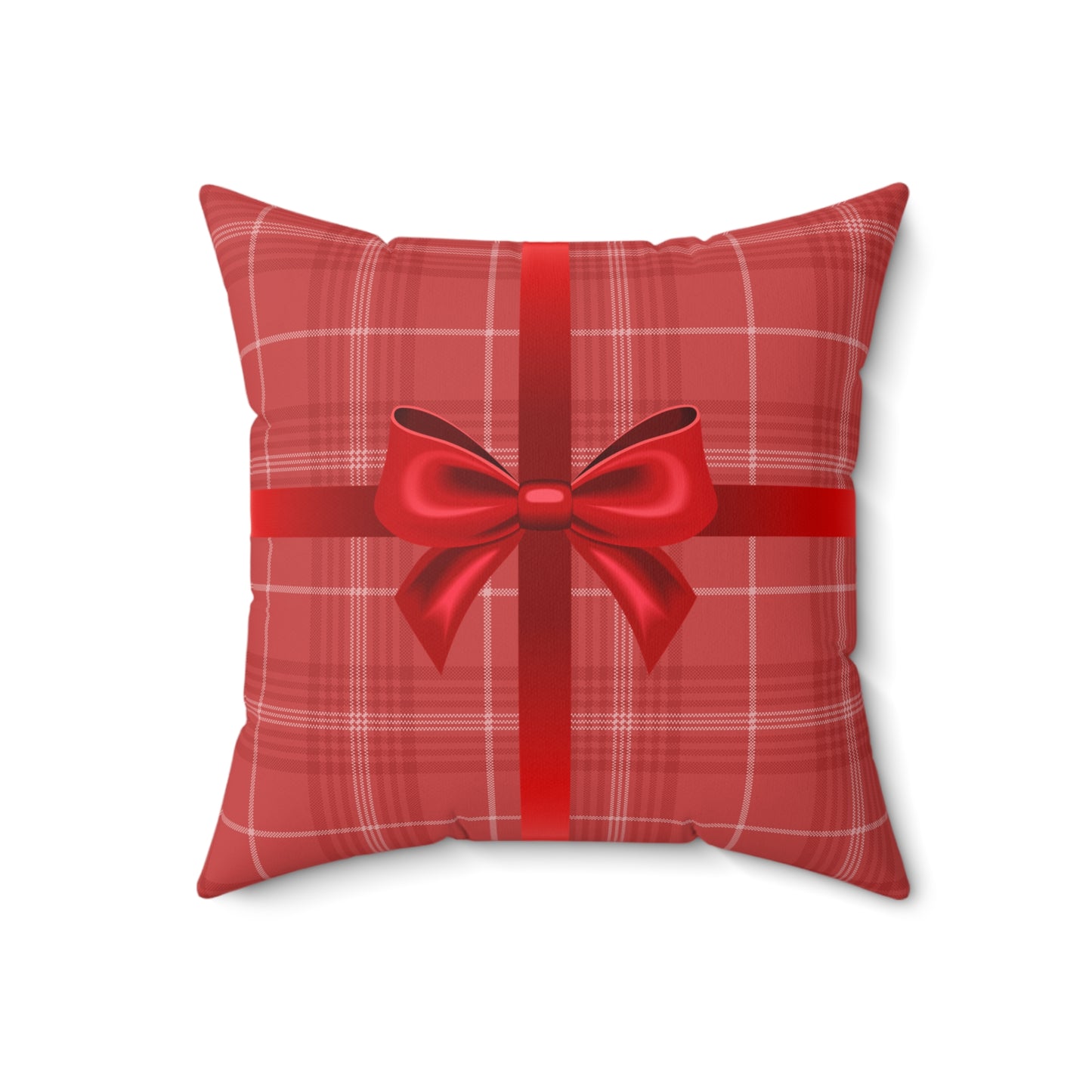 Holiday Gift Throw Pillow, Red Bow on Plaid Wrapped Present Pillows, Christmas Home Decor Xmas Decorations, Square Cushion and Cover