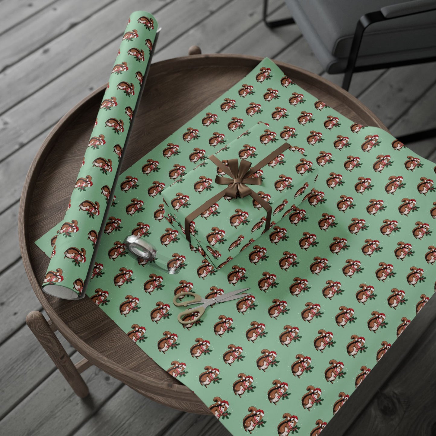 Squirrel Christmas Wrapping Paper, Festive Squirrels Print, Cheery Sage Green Holiday Gift Wrap With Snowy Xmas Squirrel In Santa Hat