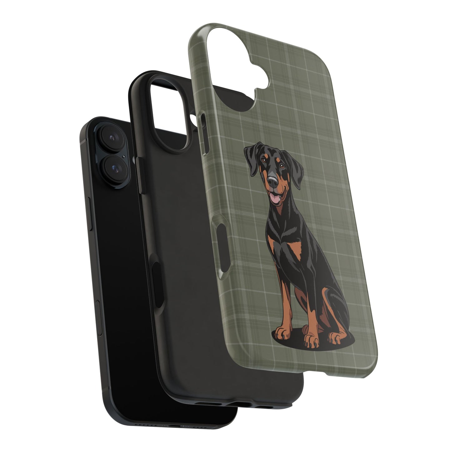 Doberman Pinscher Dog Phone Case, Tough Phone Cases Pet Dogs Green Plaid Pattern