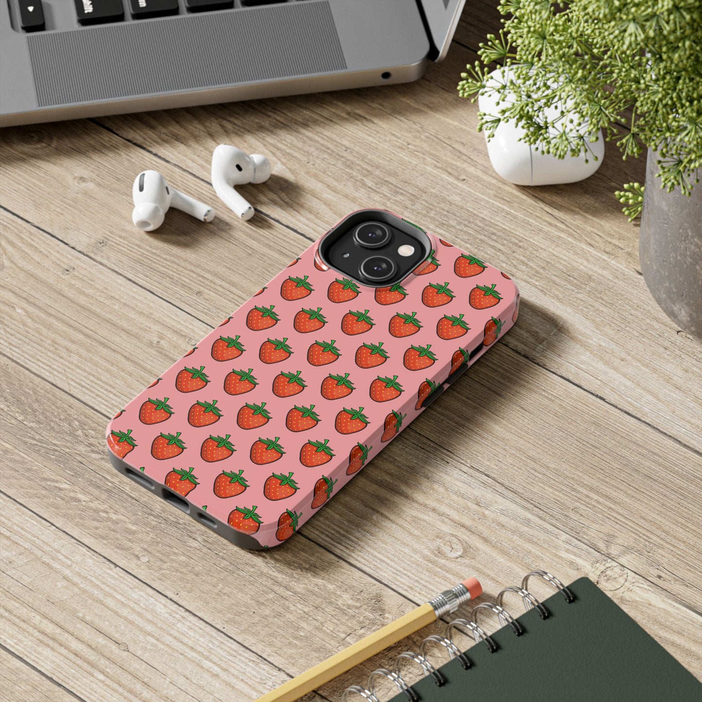 Strawberry Pattern Tough Phone Case, Cute Pink Berry Fruit Strawberries Design Cell Phone Cases