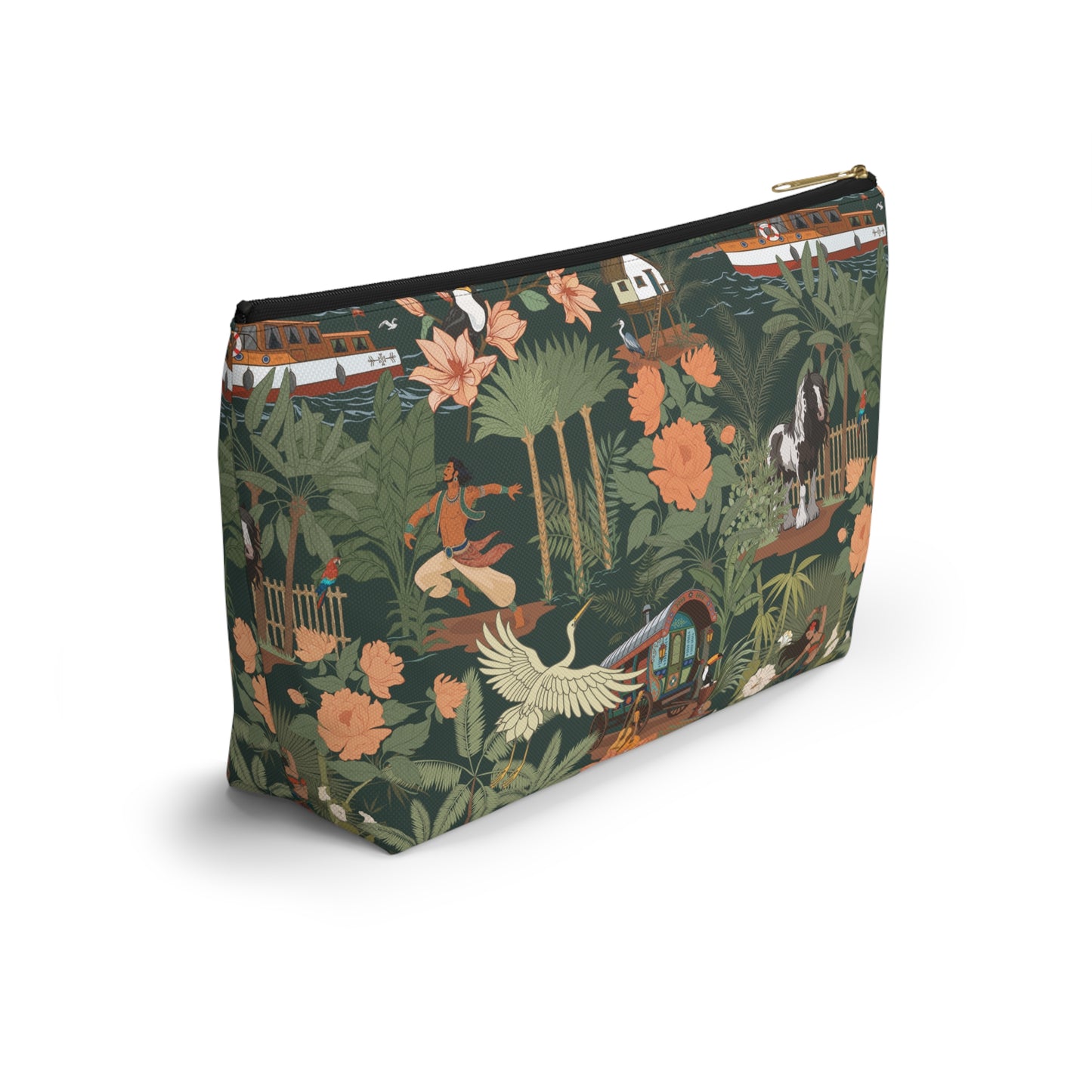 Tropical Nomad Floral Birds Makeup Bag Accessory Pouch, Green Island Palms Travel Cosmetics Zipper Case