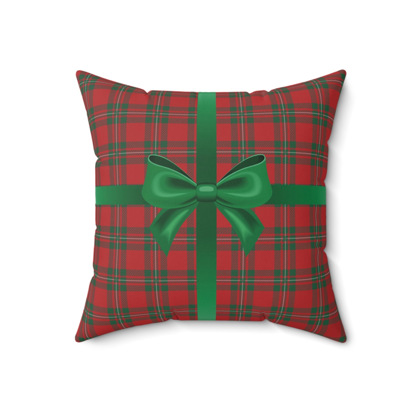 Holiday Gift Throw Pillow, Green Bow on Red Plaid Wrapped Present Pillows, Christmas Home Decor Xmas Decorations, Square Cushion and Cover