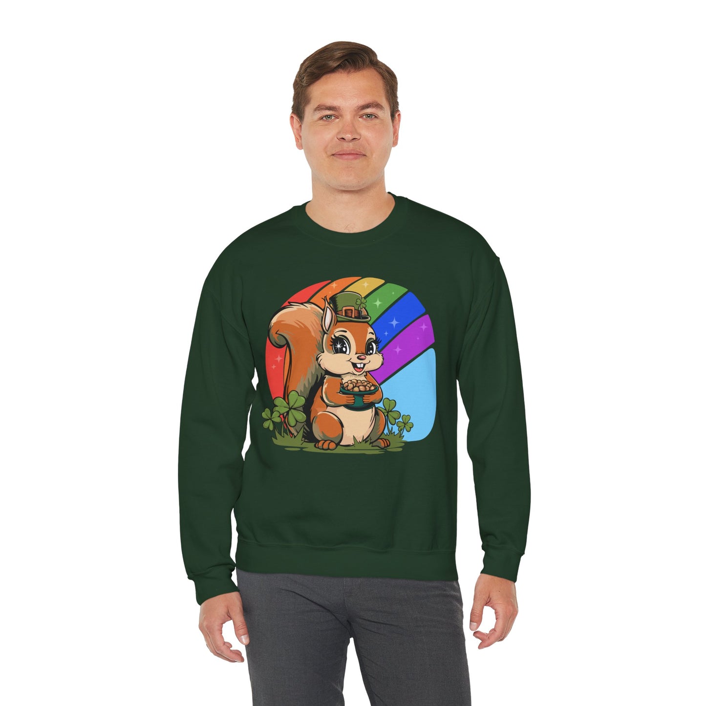 St Patrick's Day Crew Neck Sweatshirt with Leprechaun Squirrel, Spring Holiday Sweater Lucky Charm Unisex Long Sleeve Top