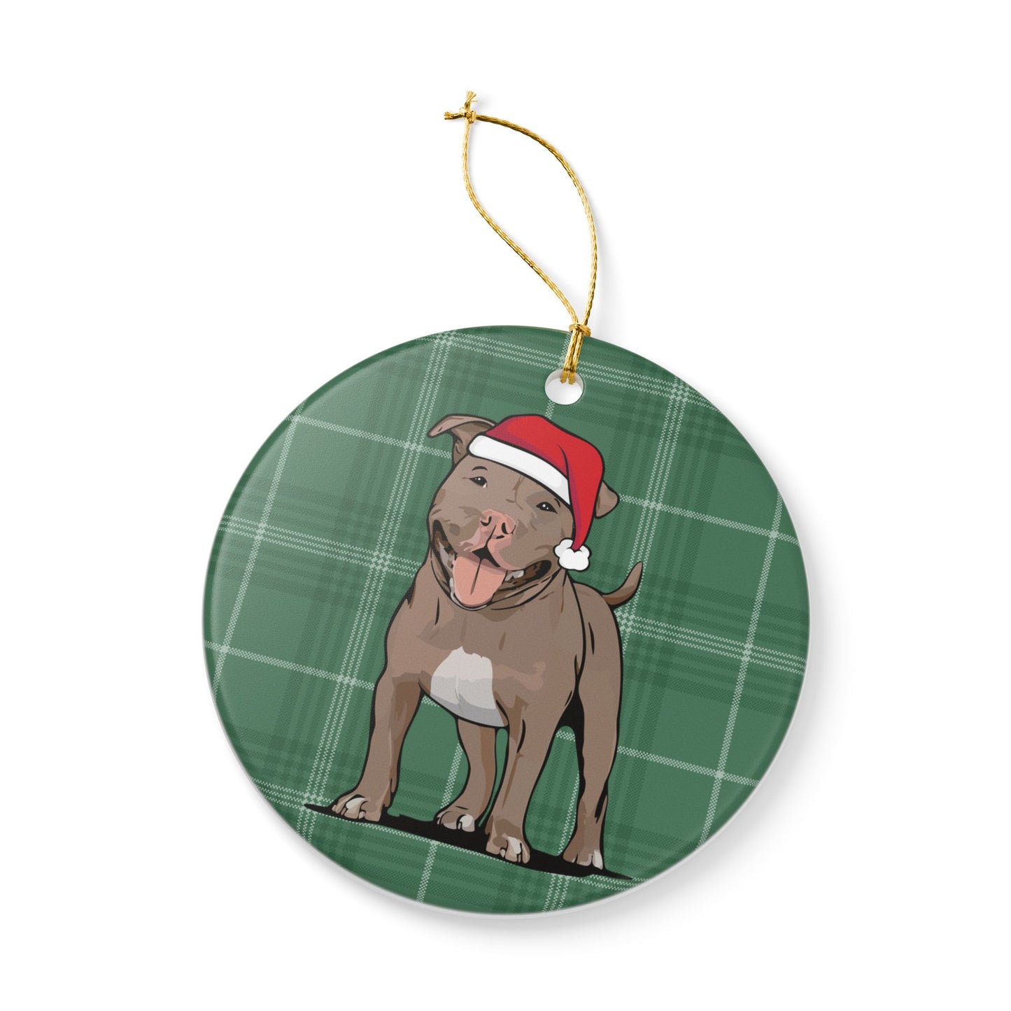 Santa Pit Bull Dog Christmas Tree Ornament, Xmas Pitbull Dogs Holiday Decorations, Pet Lover Gift, Green Plaid Ceramic Ornaments