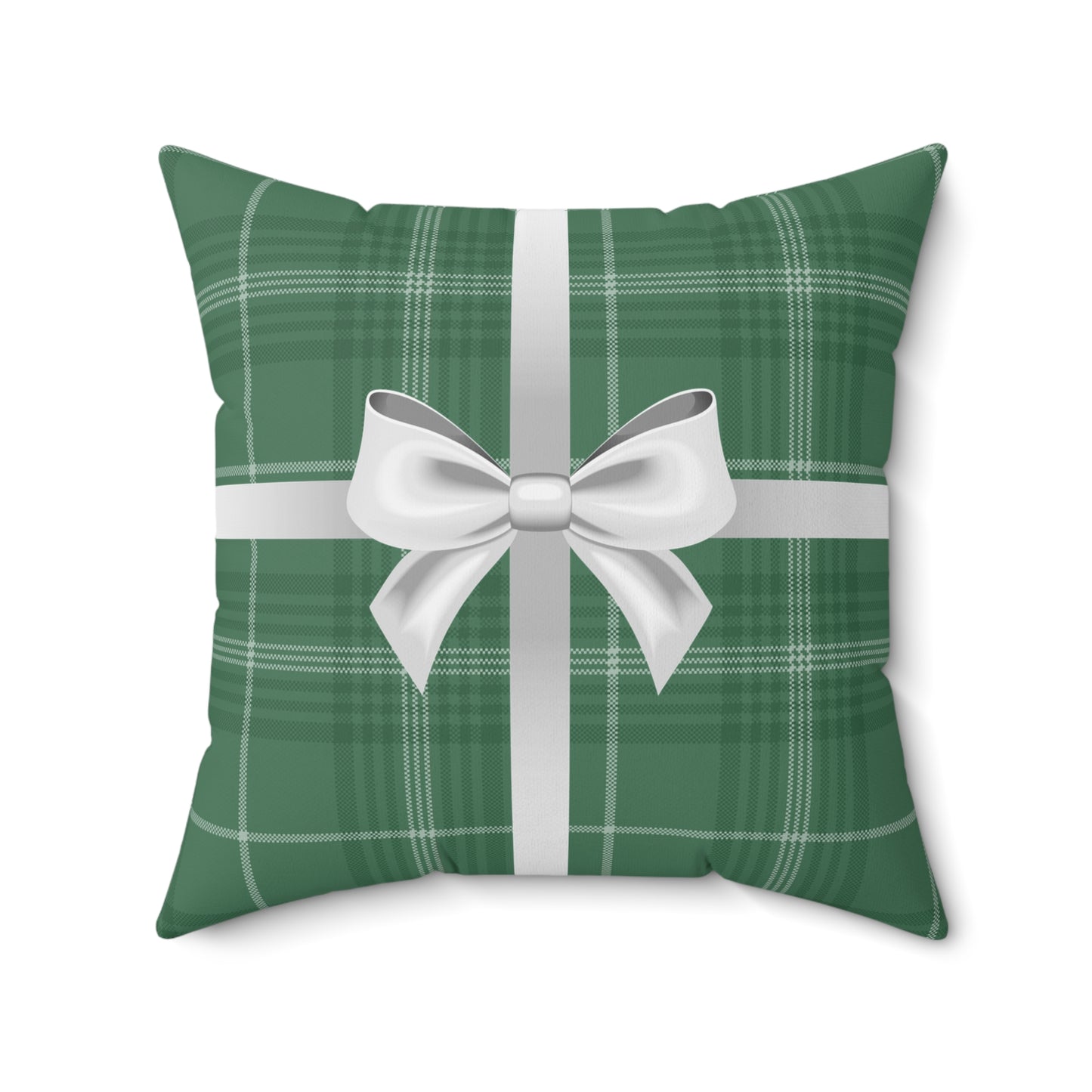 Holiday Gift Throw Pillow, White Bow on Green Plaid Wrapped Present Pillows, Christmas Home Decor Xmas Decorations