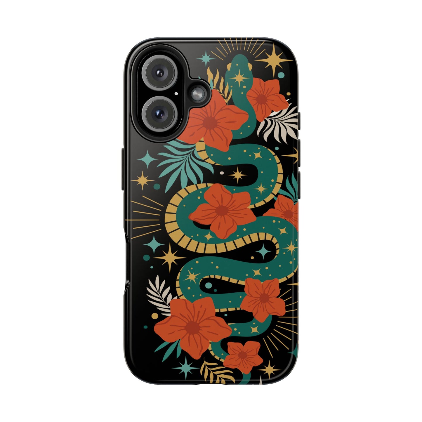 Mystic Snake Cell Phone Case, Black Tough Phone Cases Boho Serpent Snakes Floral Design