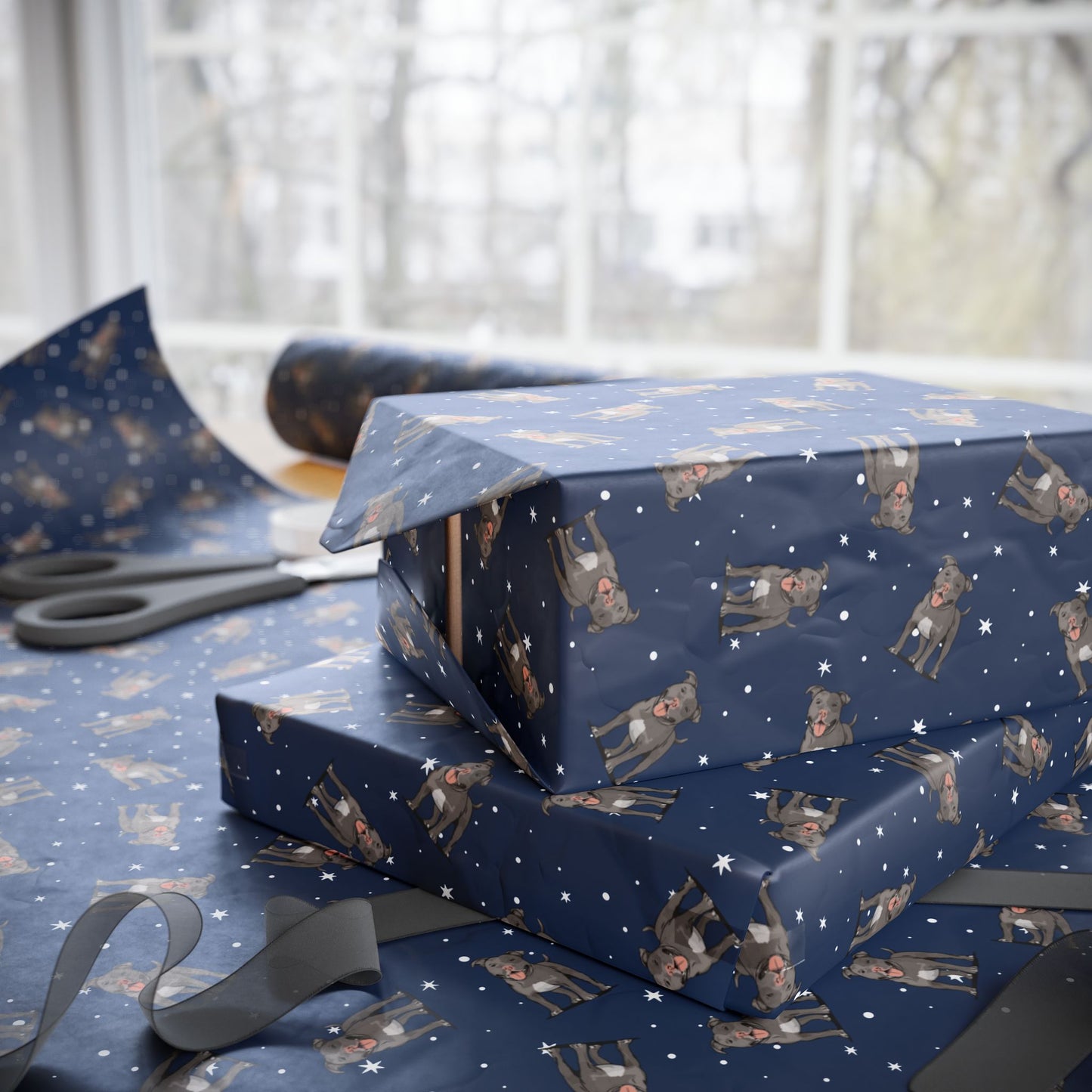 Pitbull Wrapping Paper - Navy Blue Gift Wrap Papers, Gray Pit Bull Terrier Dog Owner Gifting Supplies, Pittie Dogs Pattern