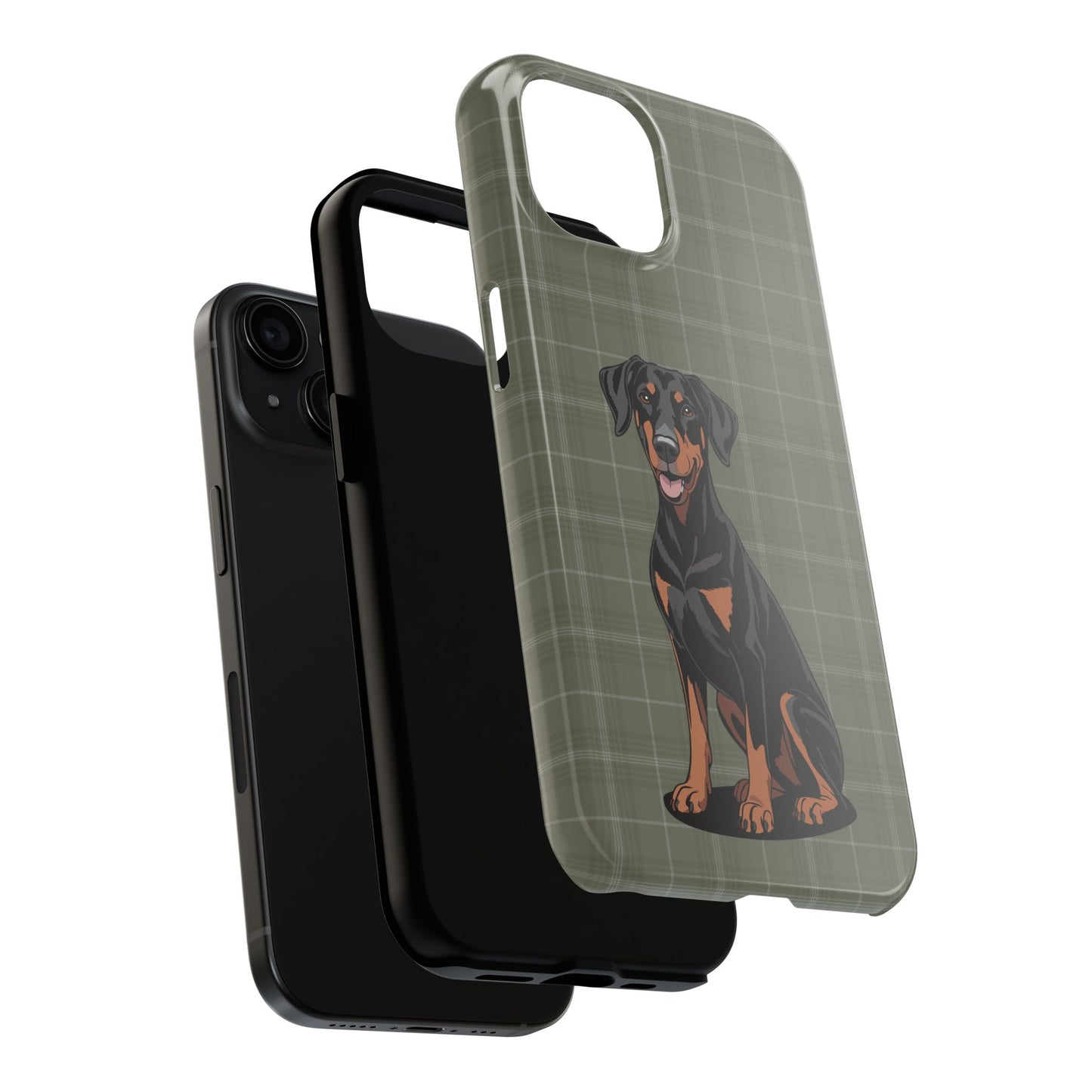 Doberman Pinscher Dog Phone Case, Tough Phone Cases Pet Dogs Green Plaid Pattern