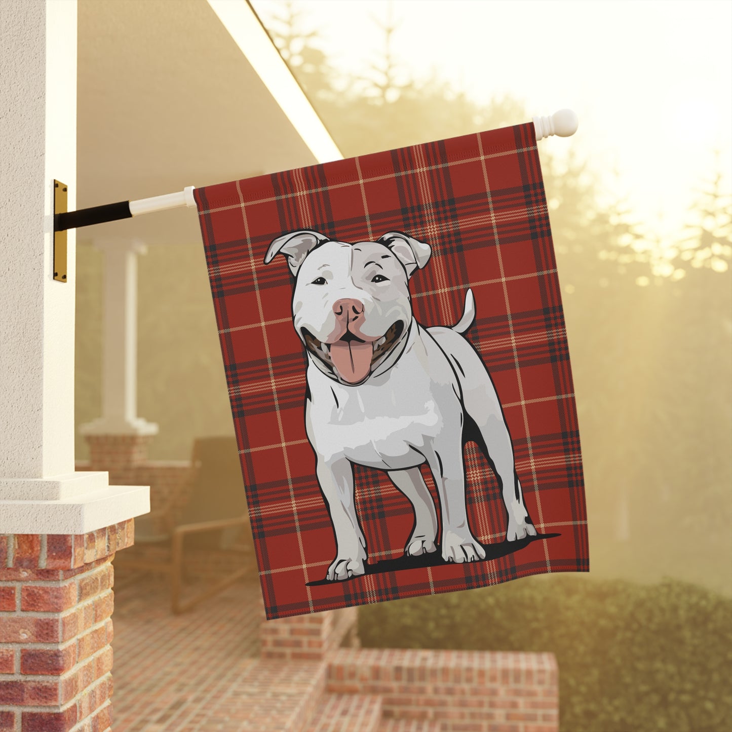 White Pit Bull Terrier Dog Red Plaid Outdoor Garden Banner Flag, Pitbull Christmas Holiday Yard Decorations