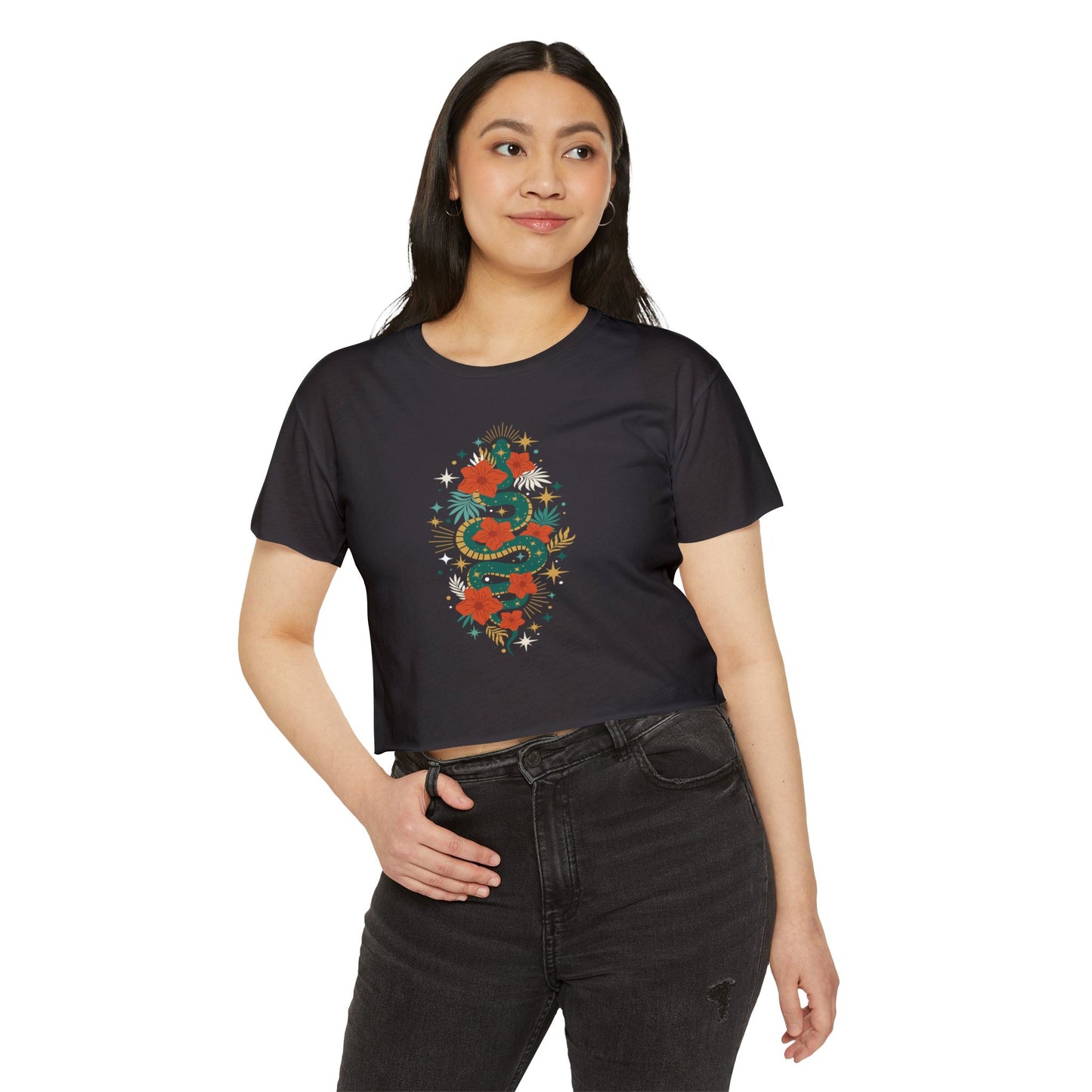 Mystic Jade Snake Women's Boho Crop Top, Festival T-shirt, Bohemian Serpent Shirt, Hippie Tee, Occult Cropped Shirt, Festival Clothing