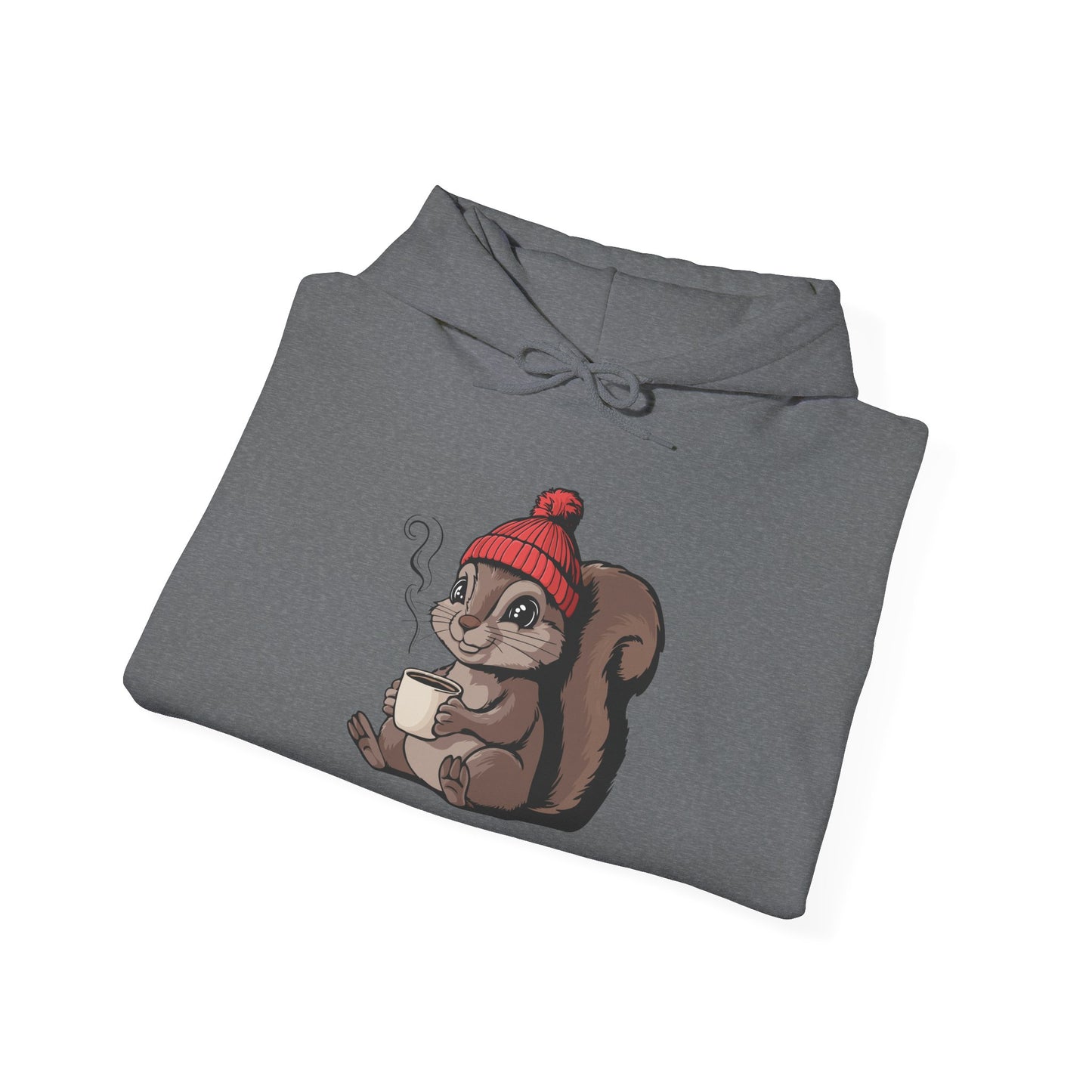 Cozy Squirrel  Pullover Hoodie Unisex Heavy Blend Hooded Sweatshirt with Squirrel in Beanie with Cup Of Coffee Graphic Print