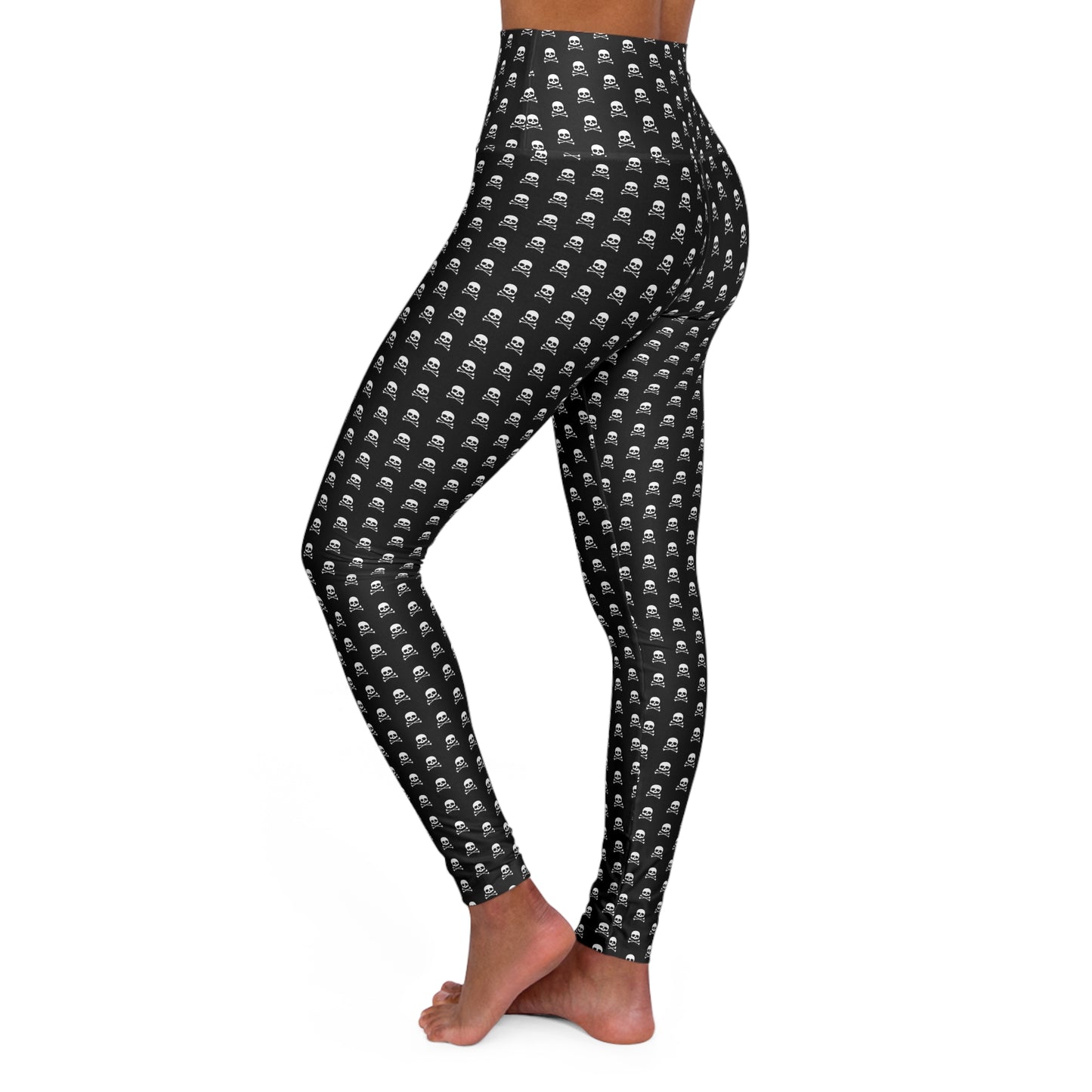 Black Skull & Crossbones High Waisted Yoga Pants Leggings - Halloween Goth Gothic Skulls Print Legging Pants Activewear