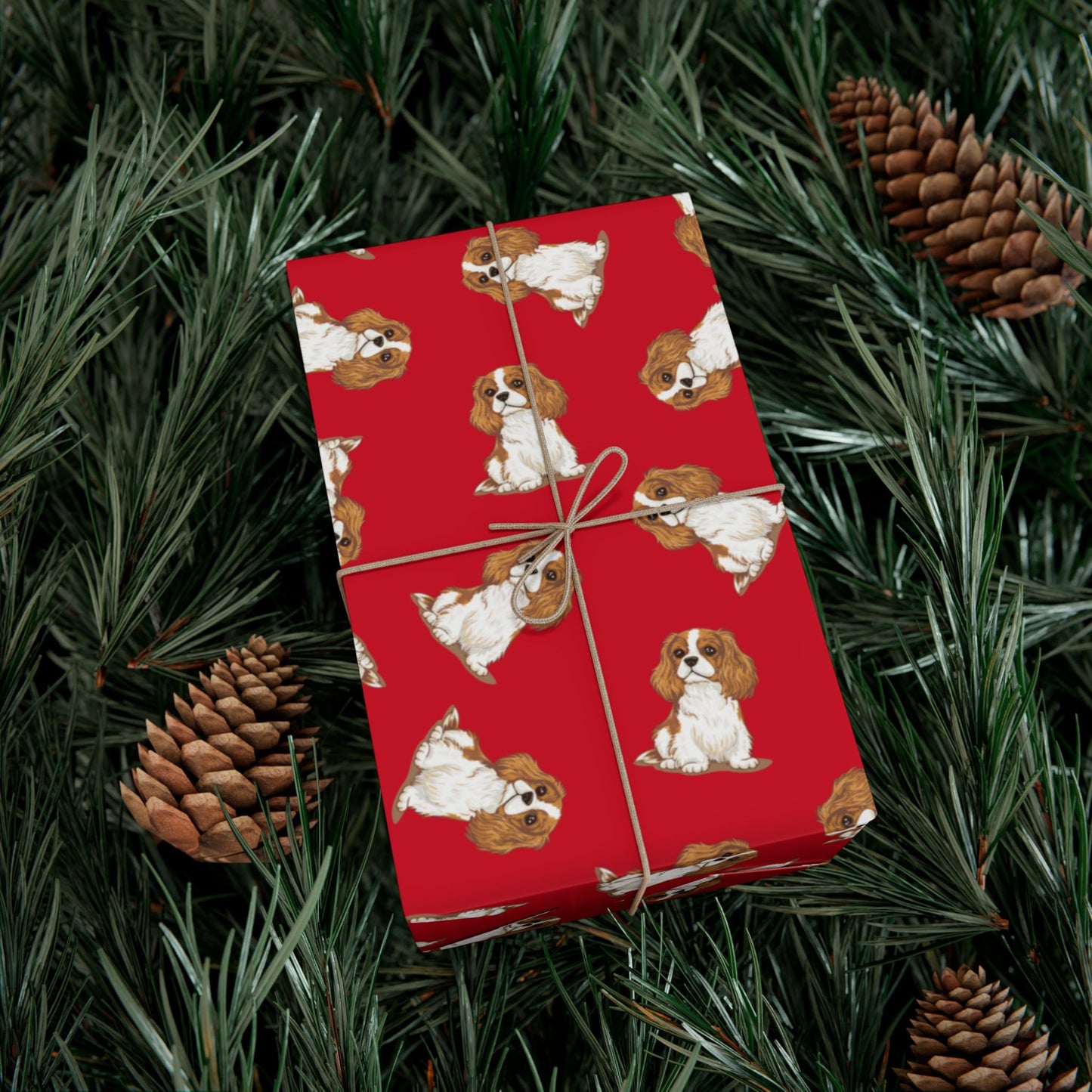 Blenheim Cavalier King Charles Spaniel Dog Wrapping Paper, Dogs Print, Red Gift Wrap, Birthday Holiday Anniversary Christmas