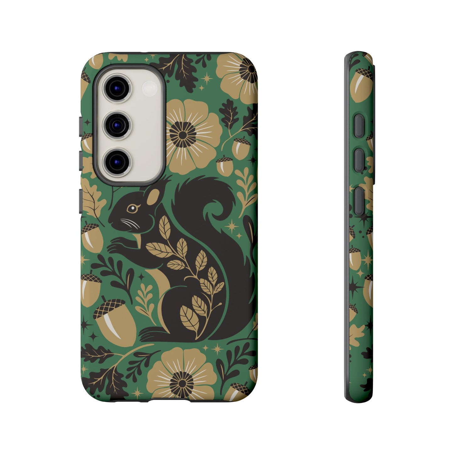 Green Squirrel Floral Pattern Cell Phone Case | Botanical Folk Art Acorn Leaves Design, Iphone Google Pixel Samsung Cases Matte Finish