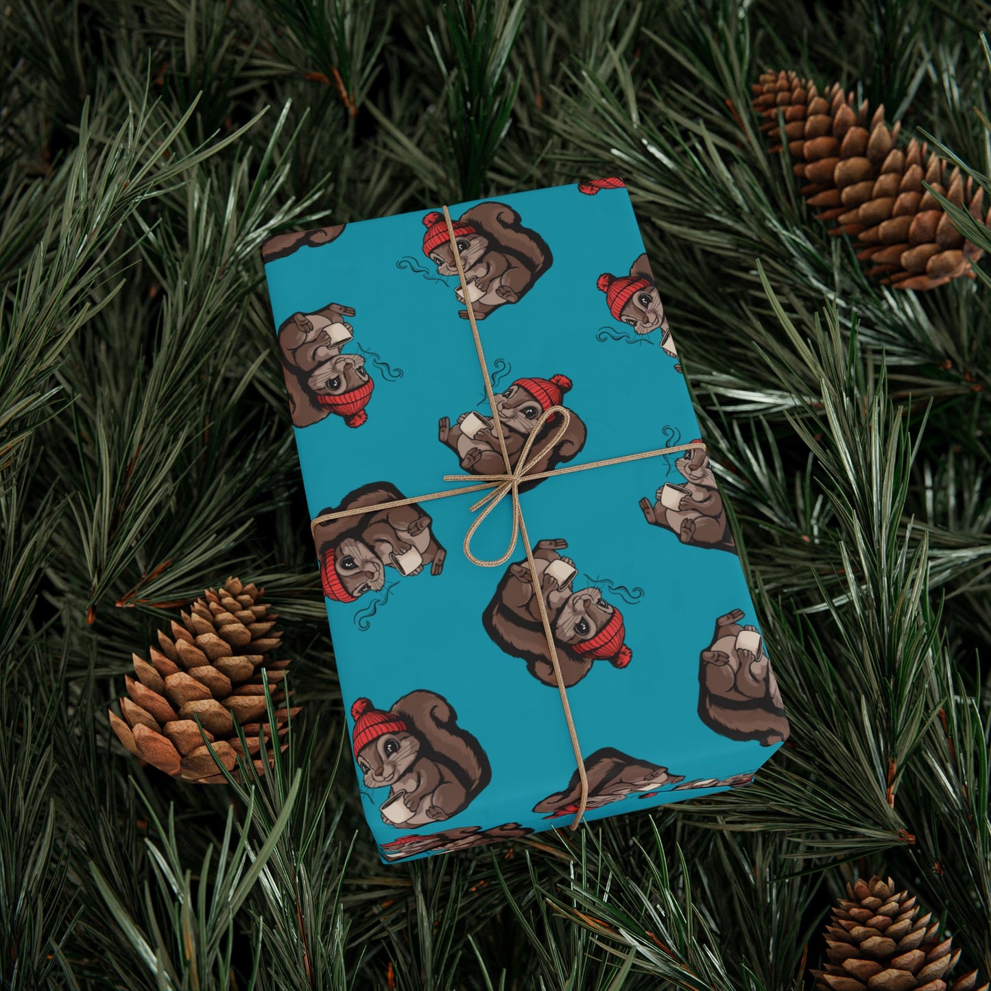 Cozy Squirrel Wrapping Paper, Fall Autumn Squirrels Print, Teal Turquoise Gift Wrap, Cute Animal Coffee Mug Pattern