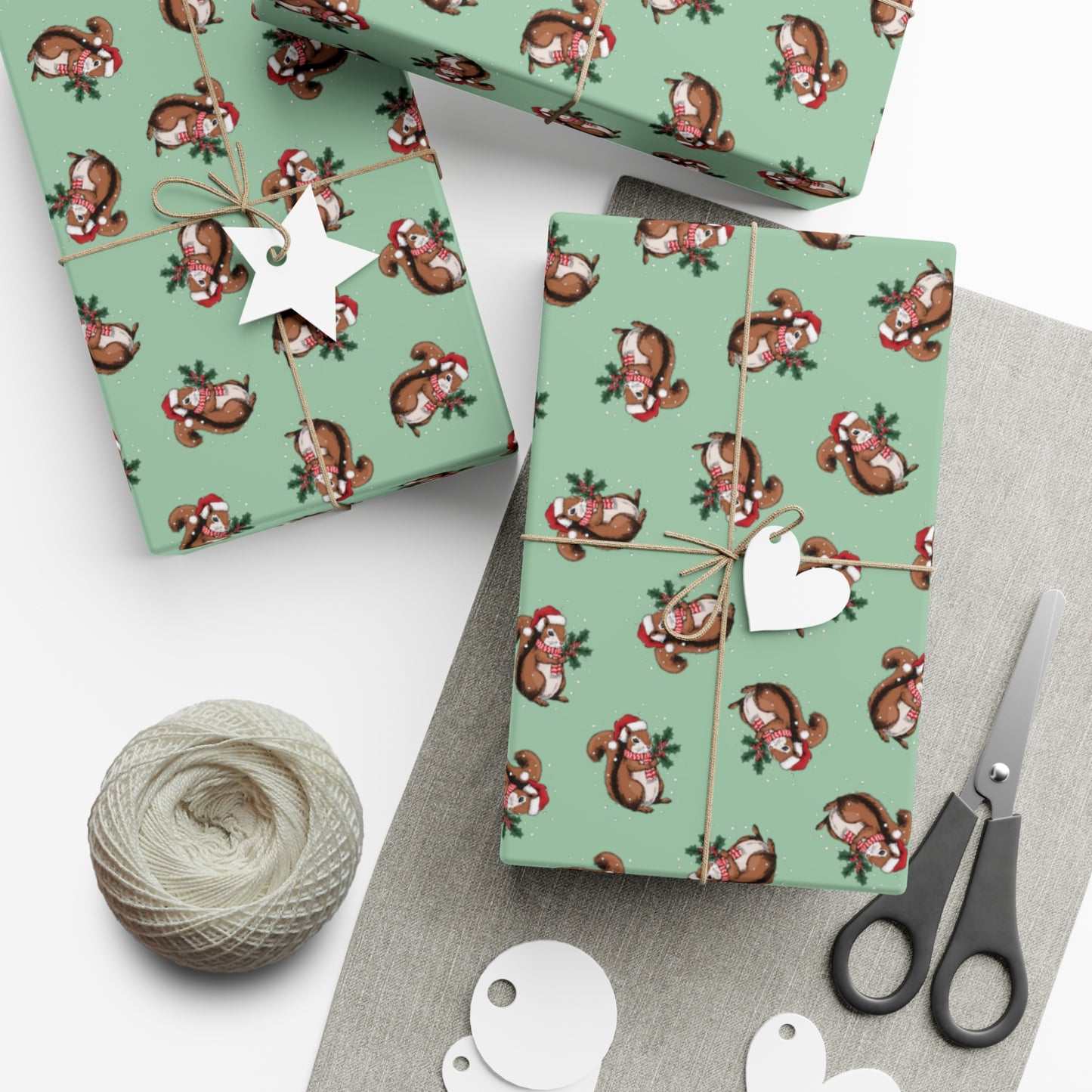 Squirrel Christmas Wrapping Paper, Festive Snowy Santa Squirrels Holiday Print, Sage Green Gift Wrap Xmas