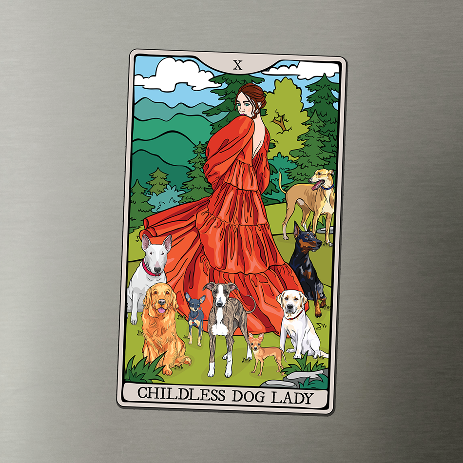 Childless Dog Lady Tarot Card Magnet - 4" Dog Ladies Vinyl Fridge Magnets Indoor Outdoor, Child-Free Woman & Pet Dogs