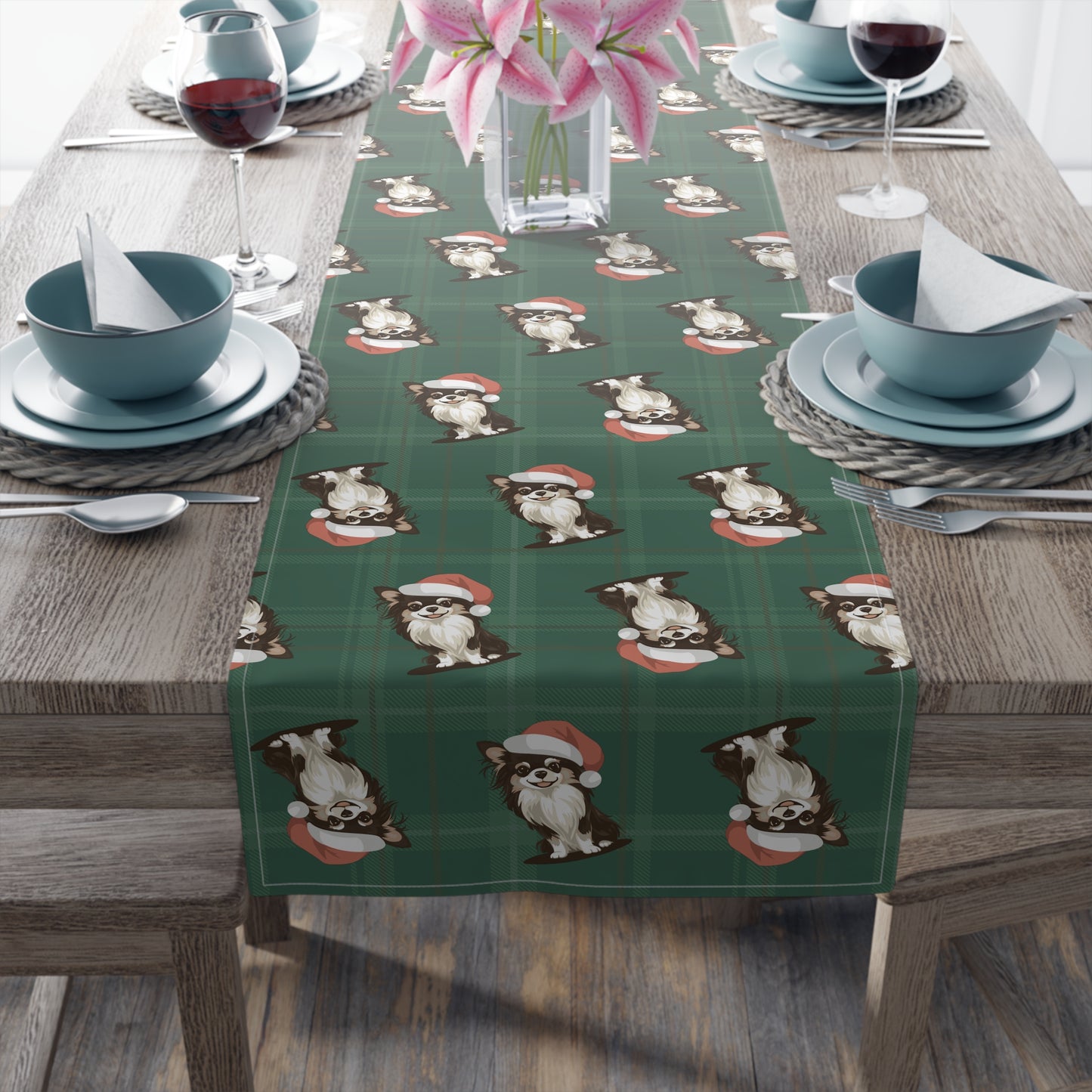 Festive Long Haired Chihuahua Dog Holiday Table Runner, Christmas Home Decor, Dining Tablecloth Linens, Plaid Table Setting Runners