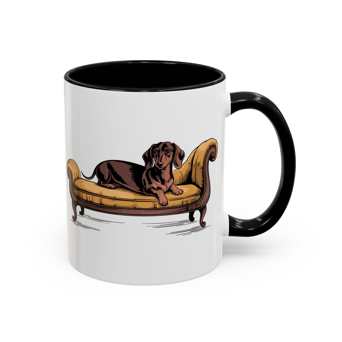 Dachshund Dog on Vintage Yellow Chaise Lounge Mug | Wiener Dogs Black Accent Ceramic Coffee Mugs