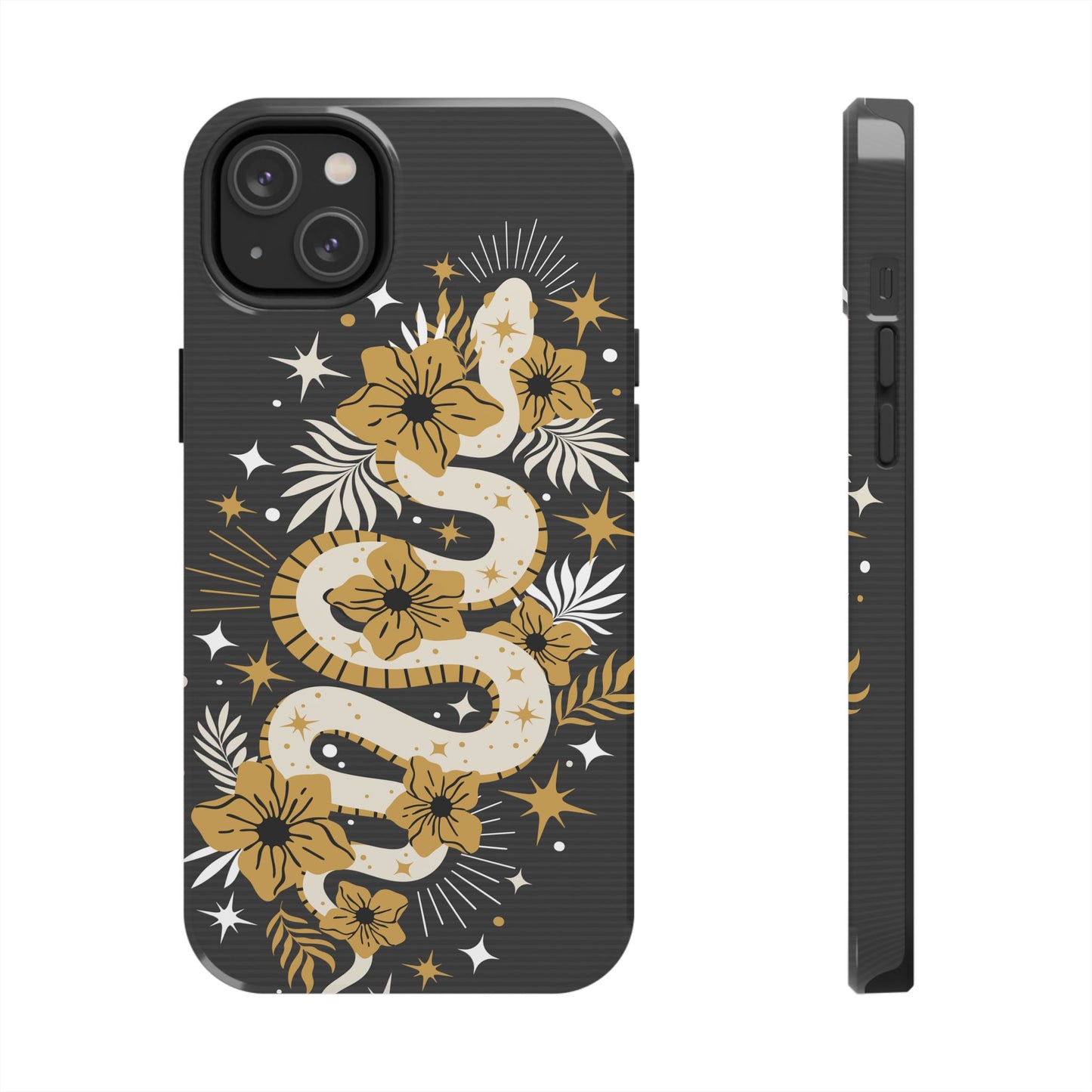 Mystic Snake Cell Phone Case, Black Tough Cases, Protective Floral Golden Serpent Boho Design