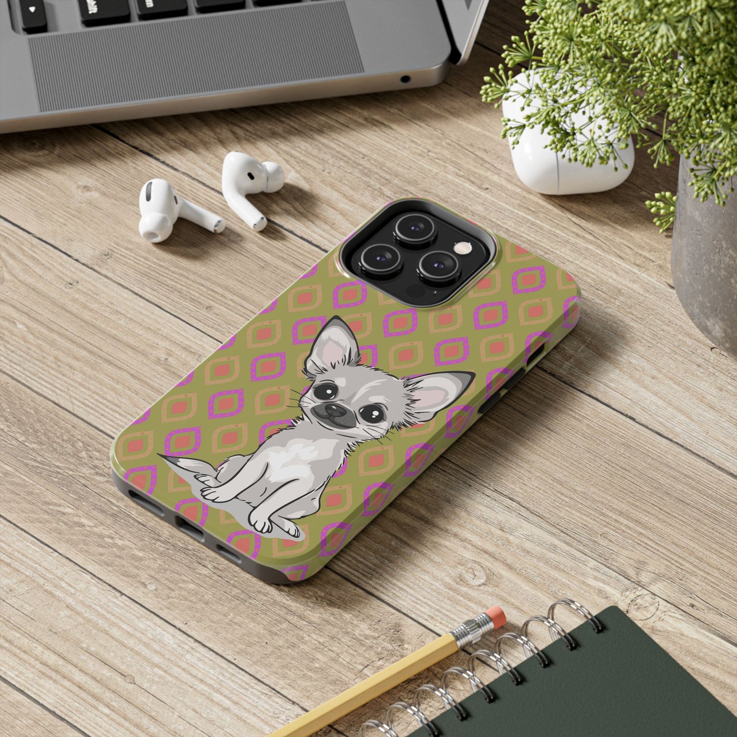 White Chihuahua Puppy Dog Phone Case, Tough Phone Cases Pet Dogs Retro Green  Pattern