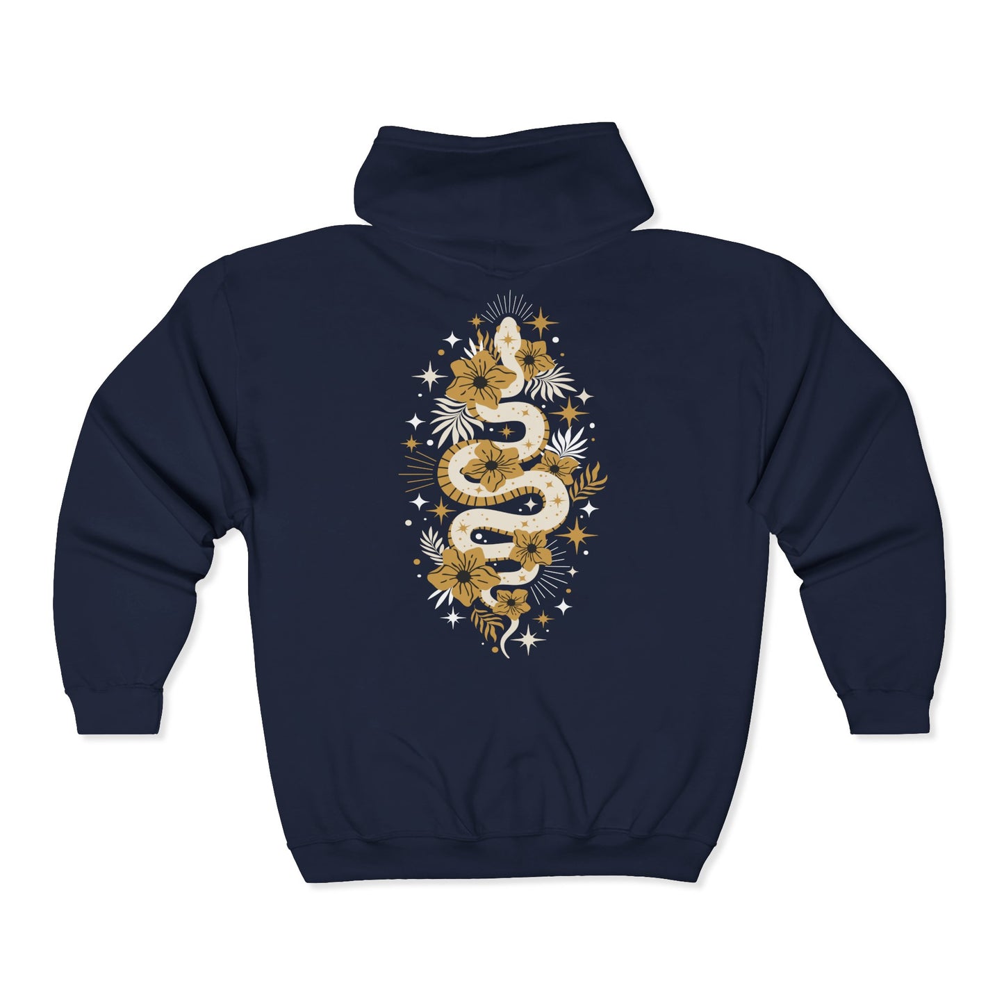 Mystic Gold Snake Black Zip Up Hoodie - Full Zip Hooded Sweatshirt Jacket, Boho Floral Serpent Design Zipper Hoodies Mens Womens Sweatshirts