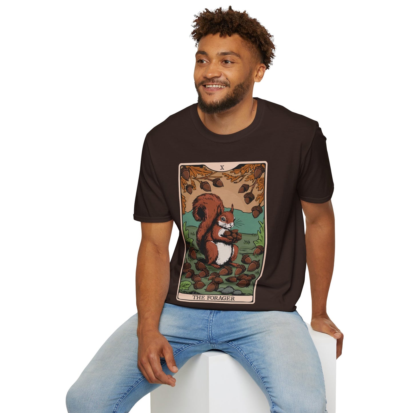 The Forager Squirrel Tarot Card T-shirt Softstyle Tee with Nut Foraging Squirrel Tarot Card Print