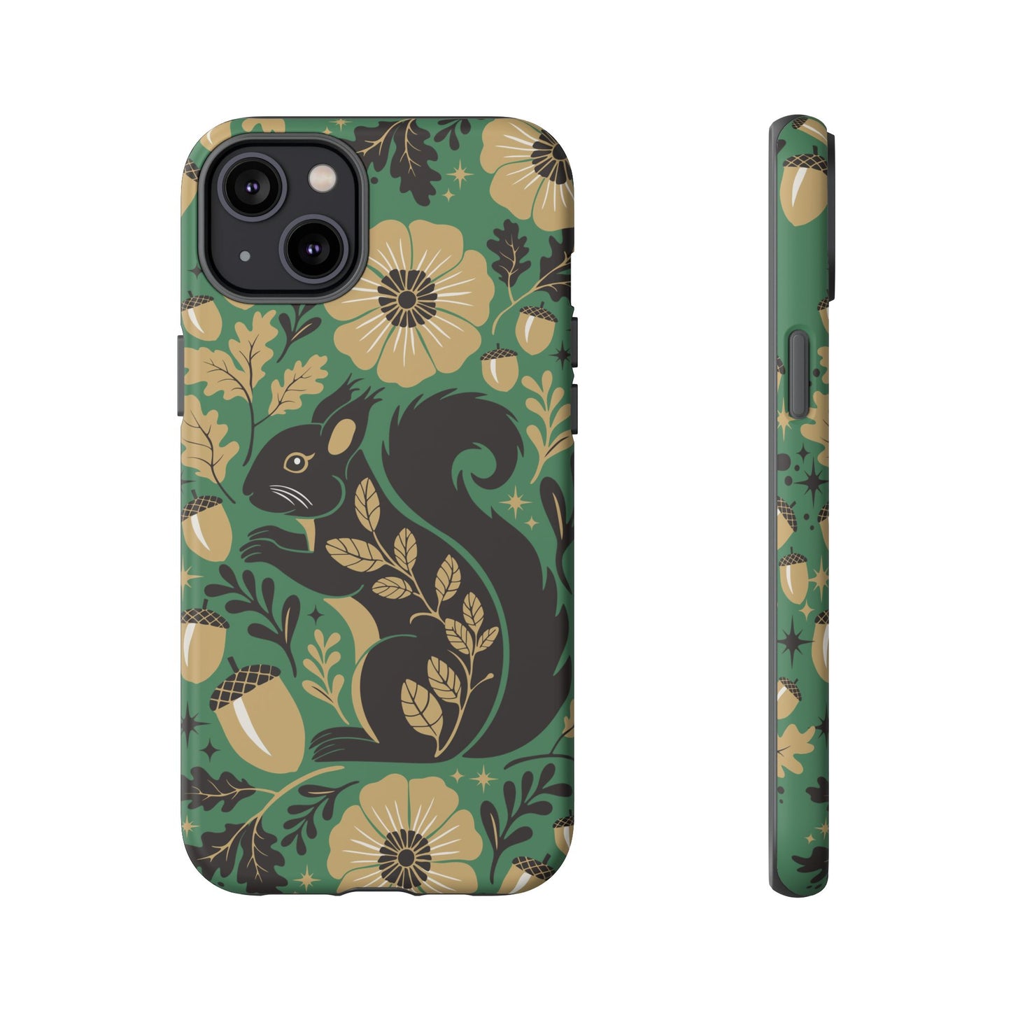 Green Squirrel Floral Pattern Cell Phone Case | Botanical Folk Art Acorn Leaves Design, Iphone Google Pixel Samsung Cases Matte Finish