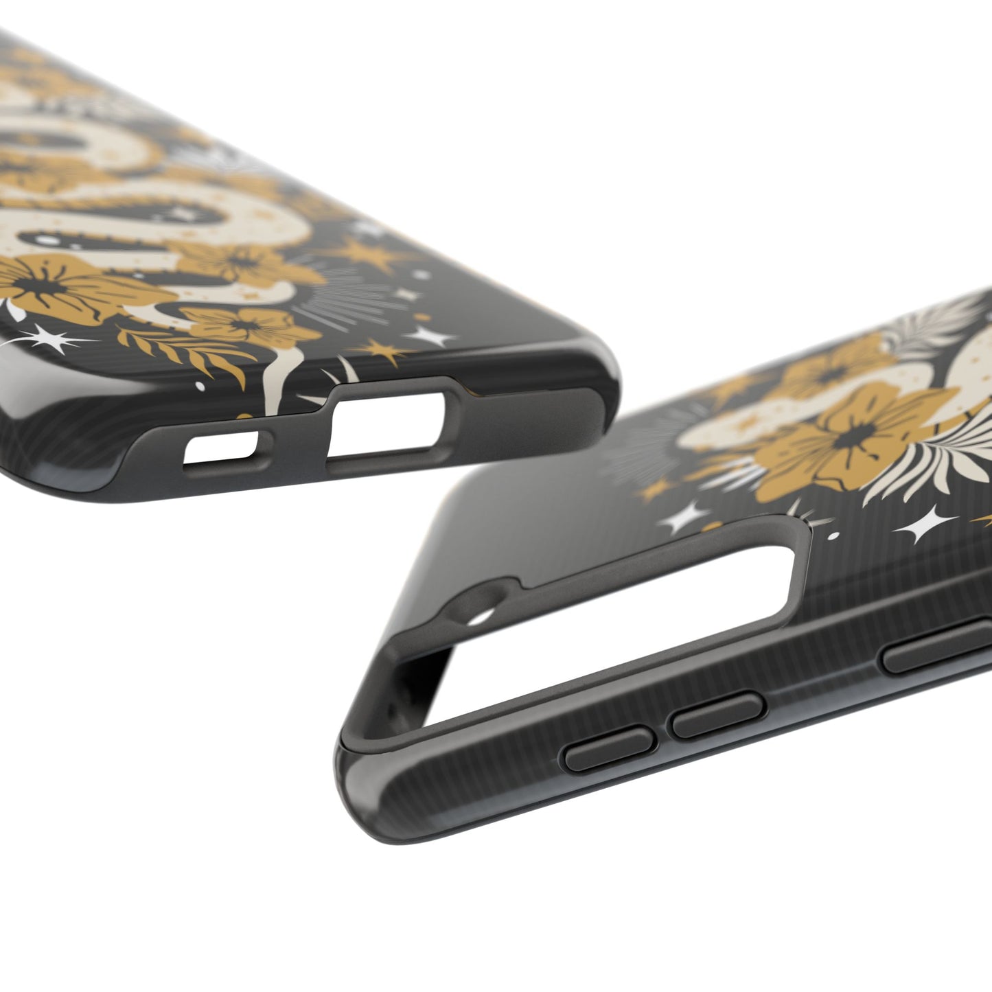 Mystic Snake Cell Phone Case, Black Tough Cases, Protective Floral Golden Serpent Boho Design