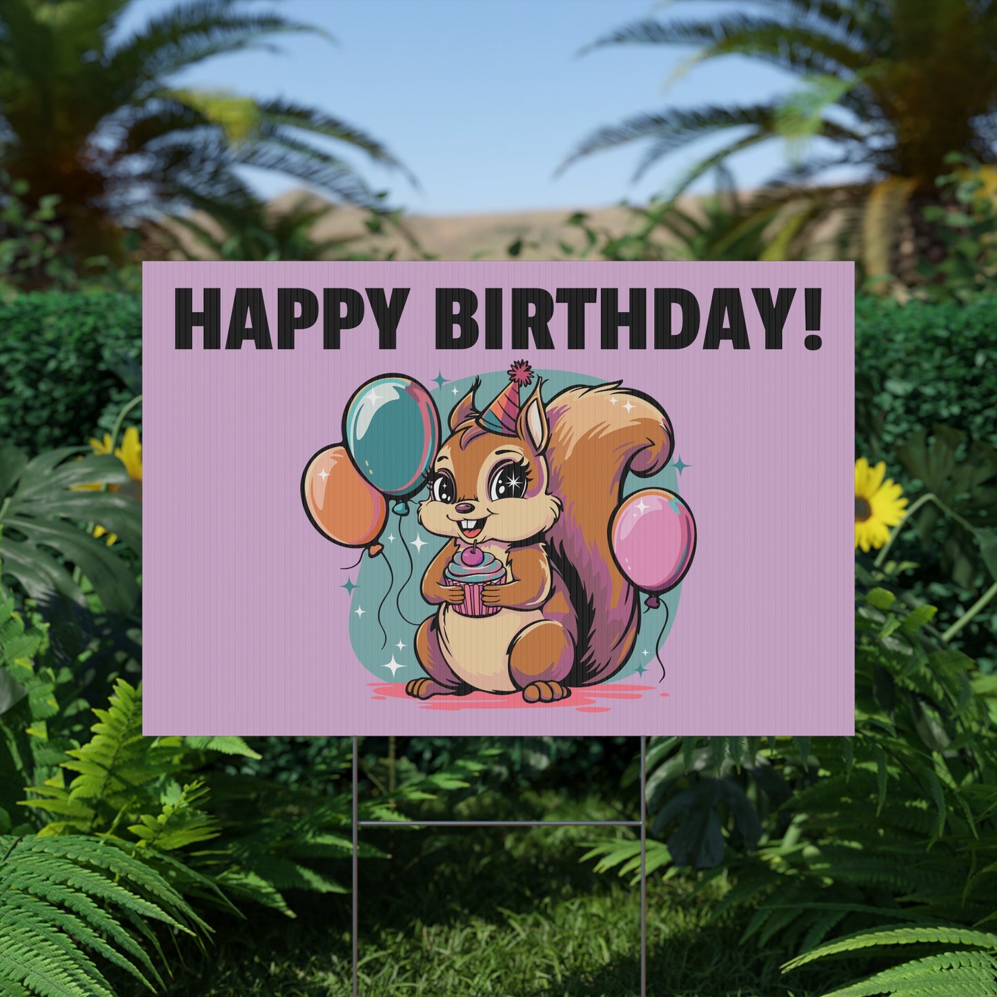 Happy Birthday Party Squirrel Plastic Yard Sign Purple Squirrels Balloons Cupcake Celebration Squirrels B-day Yard Signs