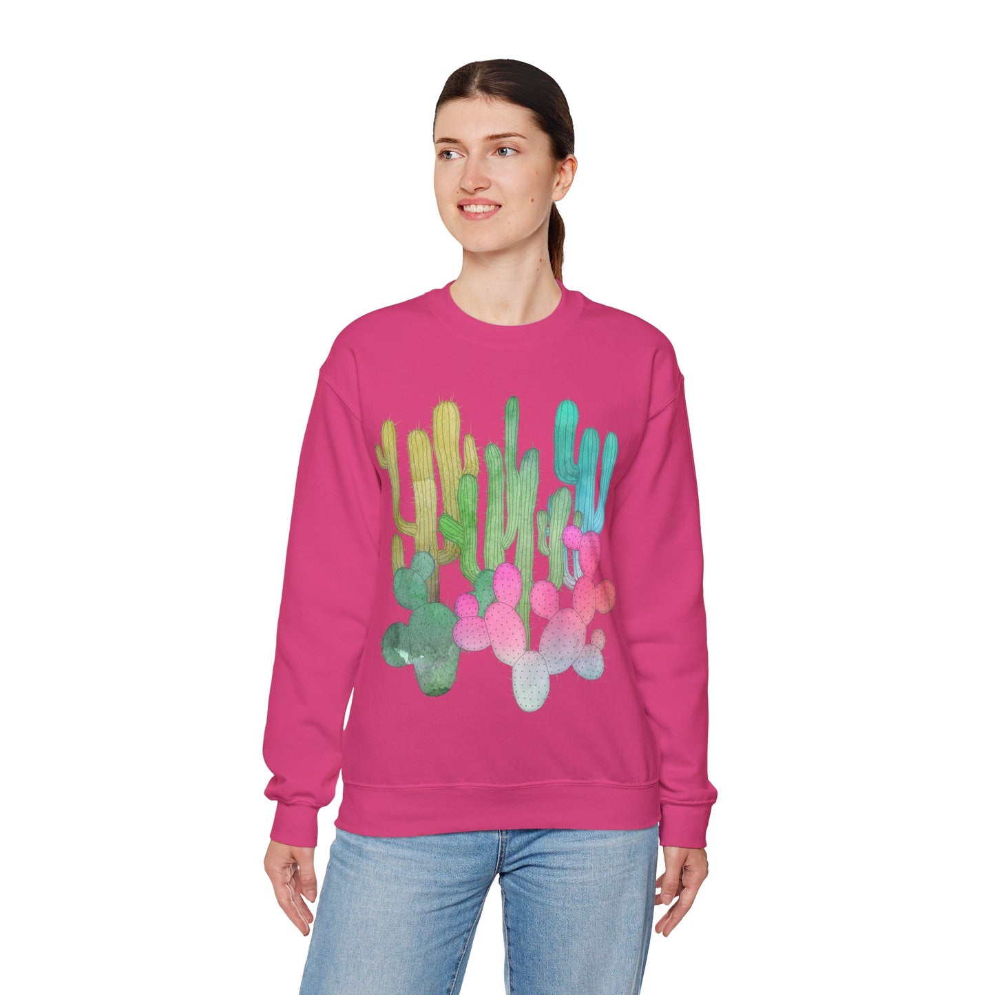 Cactus Garden Arizona Desert Crewneck Pullover Sweatshirt Colorful Saguaro Cactus Print