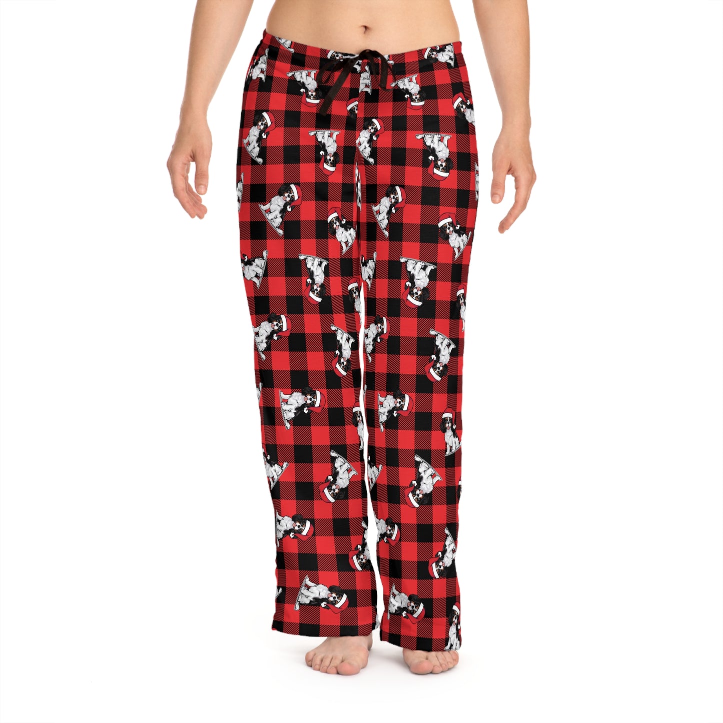 Cavalier King Charles Spaniel Dog Womens Christmas Pajama Pants, Santa Dogs Red PJ Bottoms, Loungewear