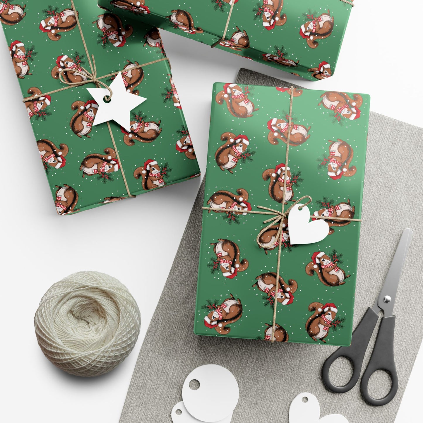 Squirrel Christmas Wrapping Paper, Festive Squirrels Print, Cheery Green Holiday Gift Wrap With Snowy Xmas Squirrel In Santa Hat