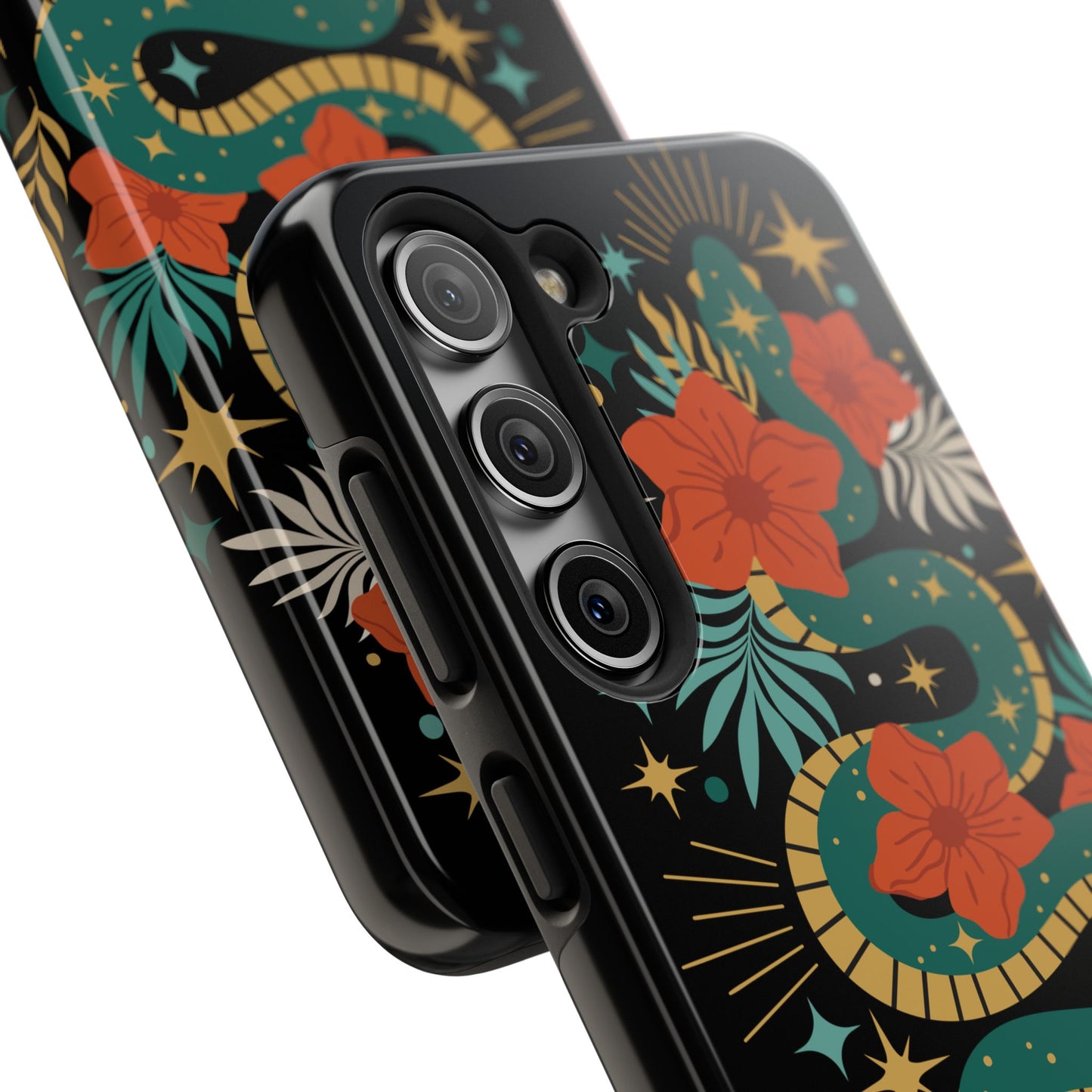 Mystic Snake Cell Phone Case, Black Tough Phone Cases Boho Serpent Snakes Floral Design