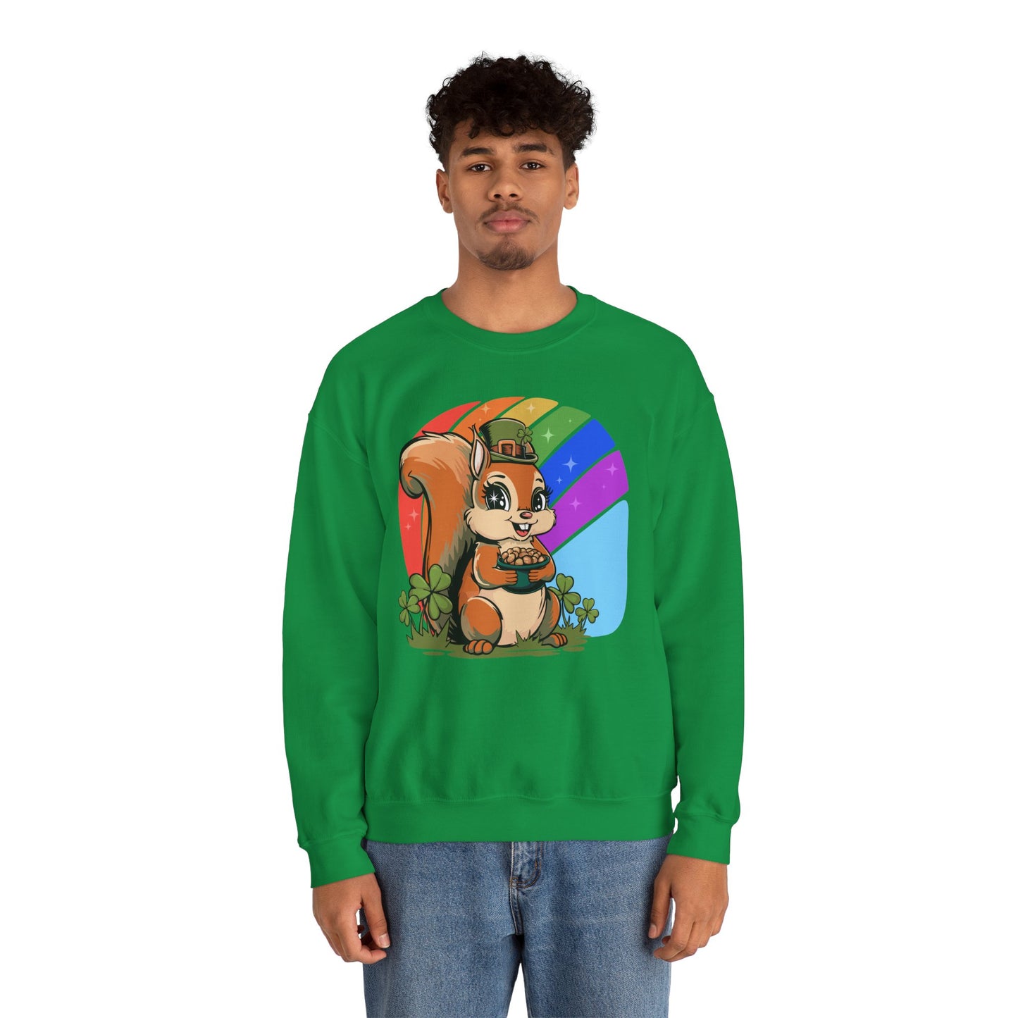 St Patrick's Day Crew Neck Sweatshirt with Leprechaun Squirrel, Spring Holiday Sweater Lucky Charm Unisex Long Sleeve Top