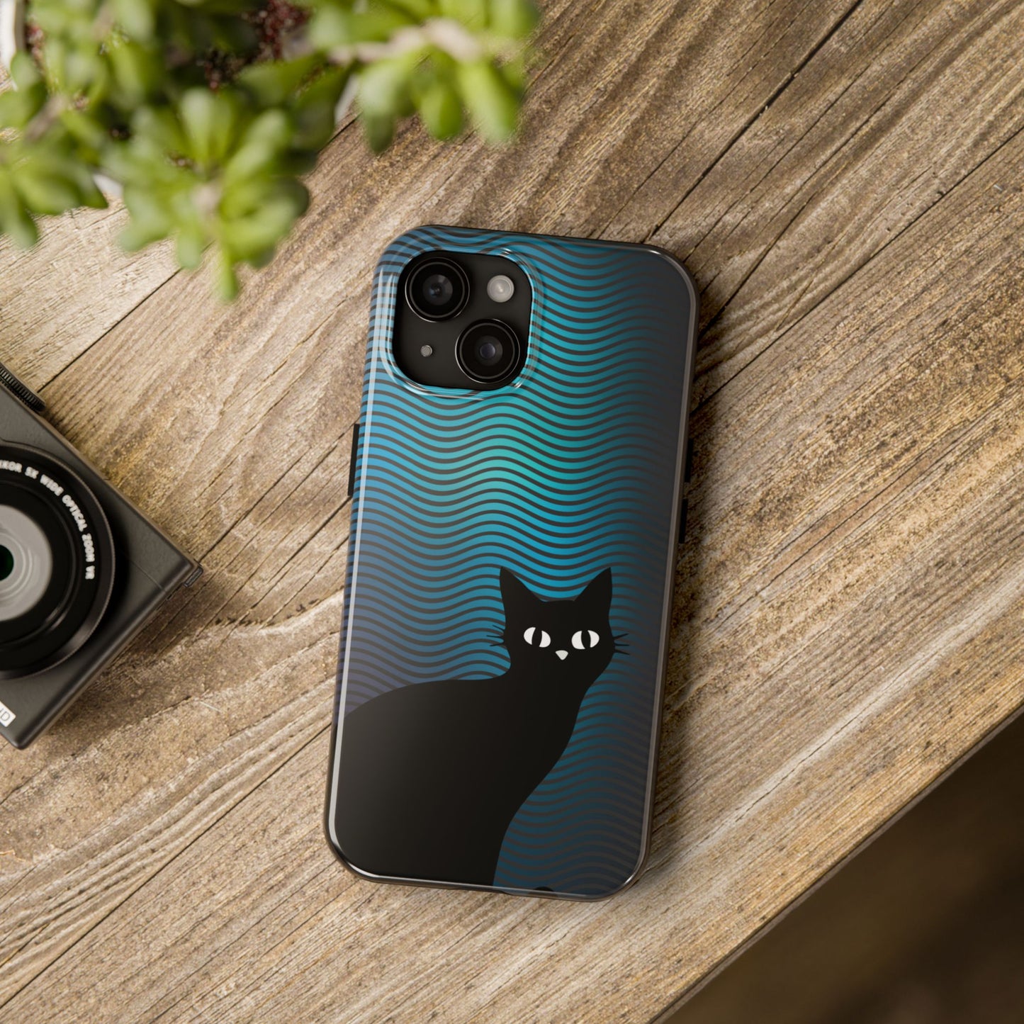 Black Cat Cell Phone Case | Peeking Kitty Graphic on Wavy Teal Background