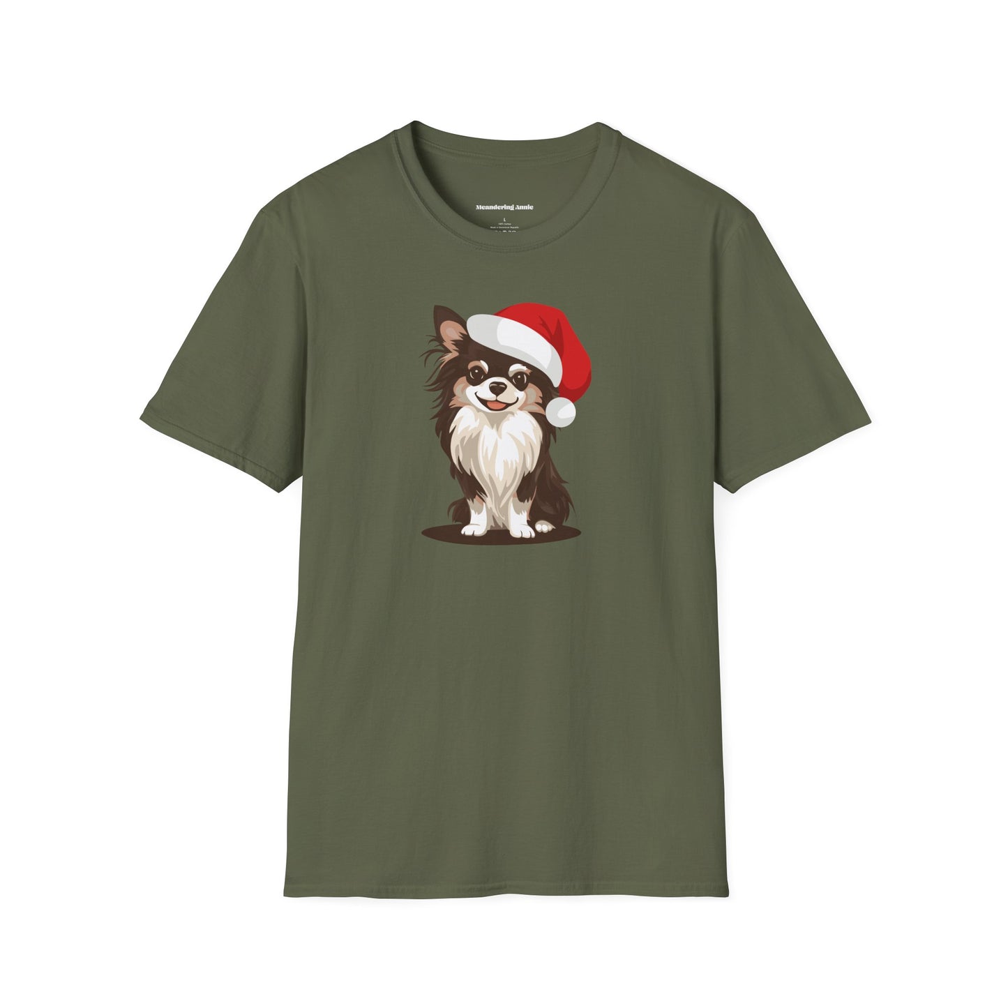 Christmas Long Haired Chihuahua Dog T-Shirt, Festive Holiday Xmas Pet Chihuahuas In Santa Hat Cotton Tee