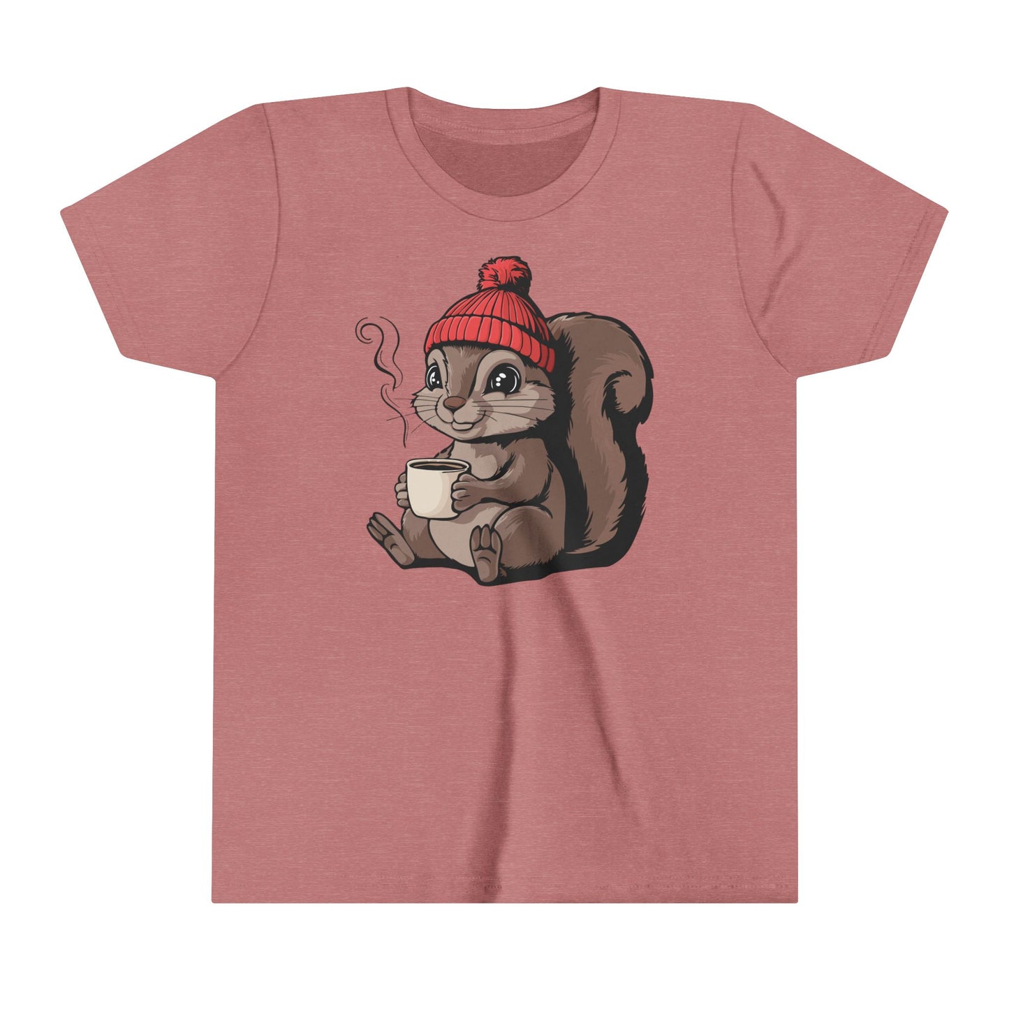 Cozy Squirrel Kids Soft T-shirt Youth Short Sleeve Tee with Squirrel in Beanie with Cup Of Coffee Graphic Print