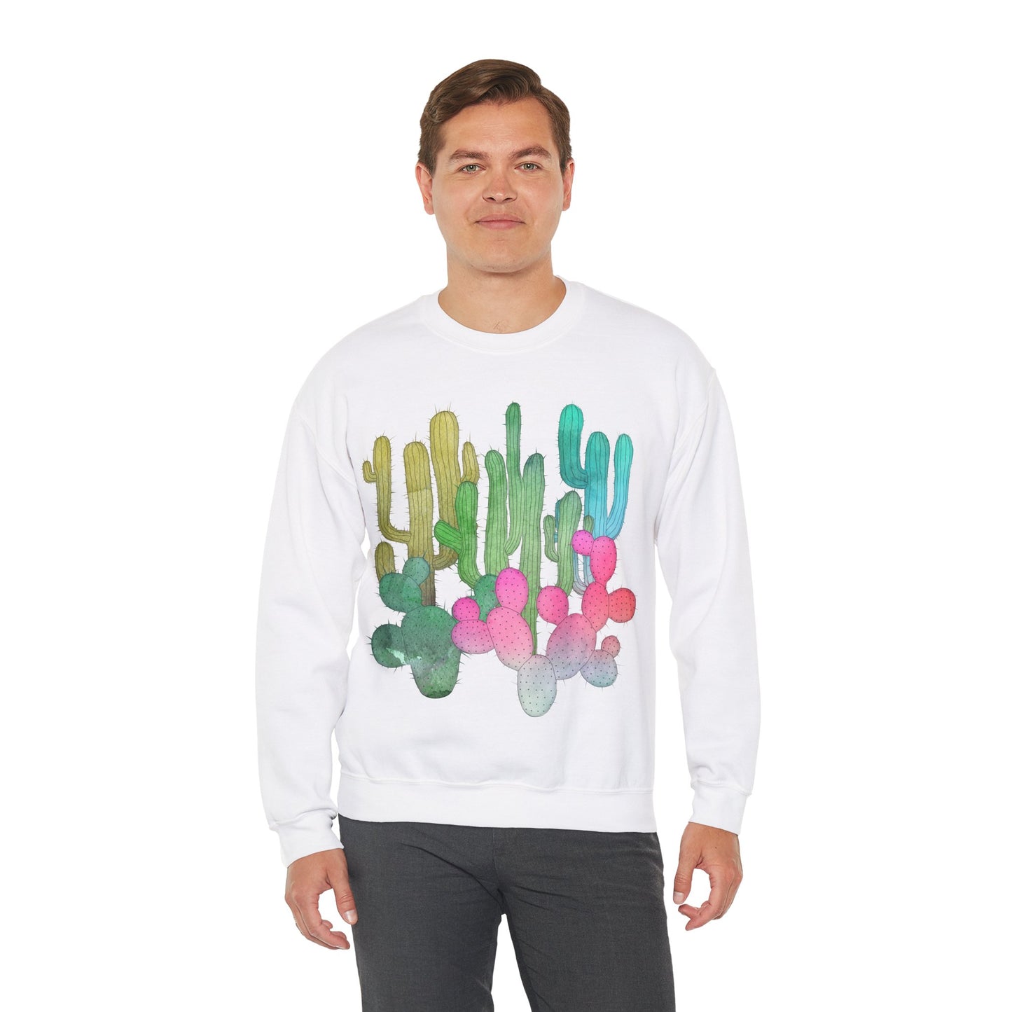 Cactus Garden Arizona Desert Crewneck Pullover Sweatshirt Colorful Saguaro Cactus Print