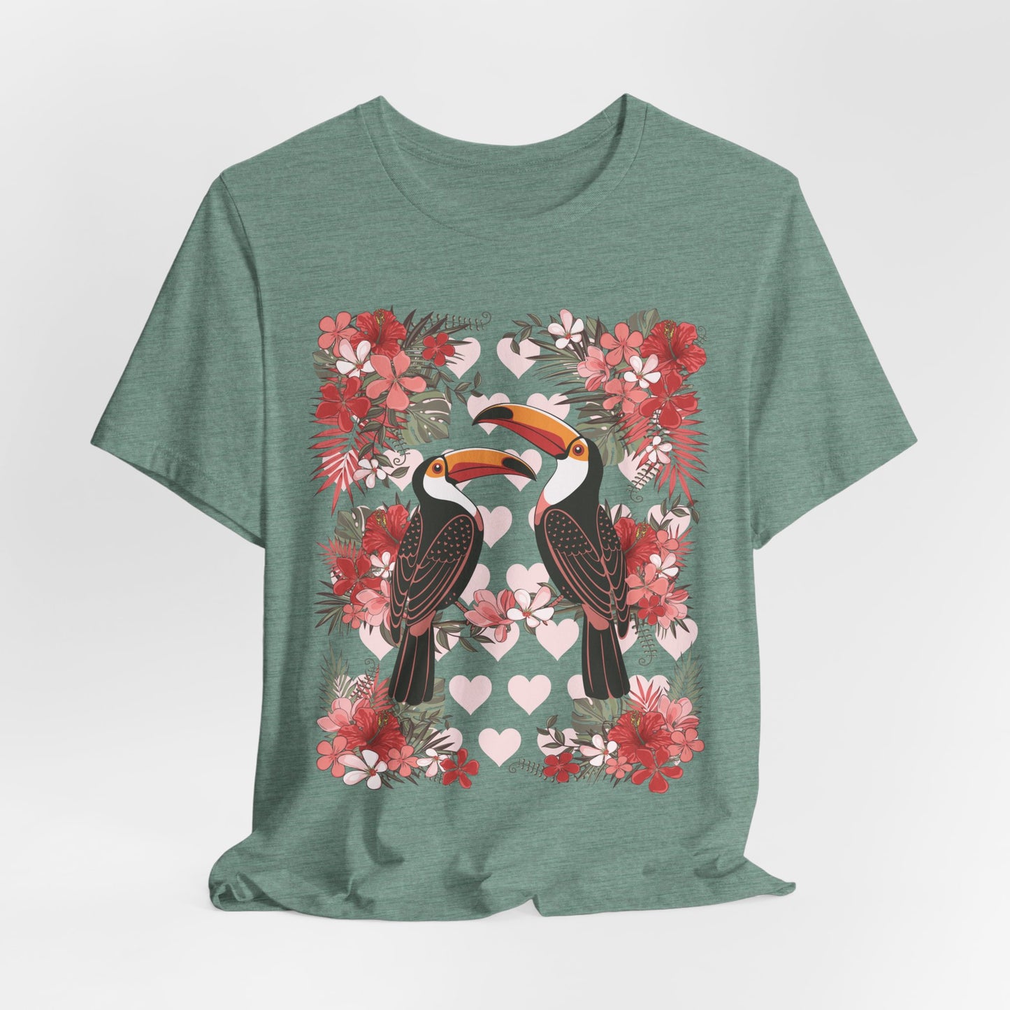 Toucan Tropical Love Birds T-shirt, Casual Summer Shirt, Gift for Bird Lovers, Vacation Wear, Floral Nature Inspired Tee
